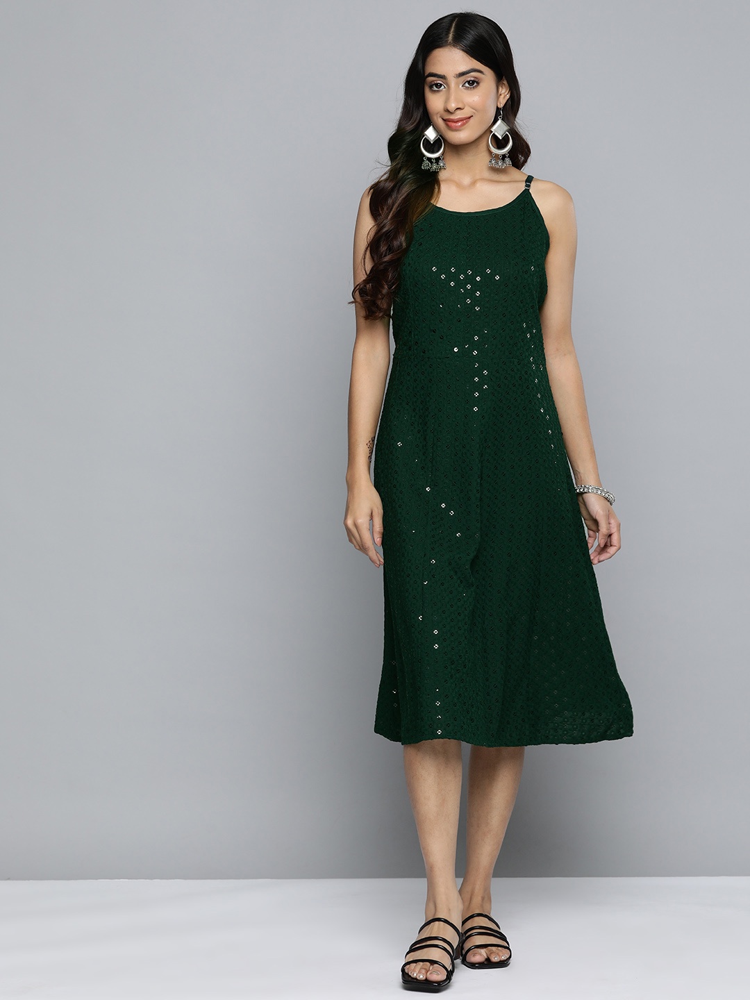 

Jompers Floral Embroidered A-Line Midi Dress, Green