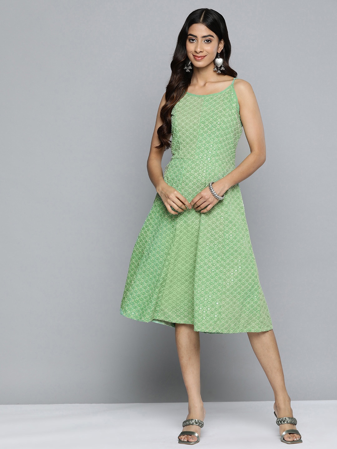 

Jompers Floral Embroidered A-Line Midi Dress, Green