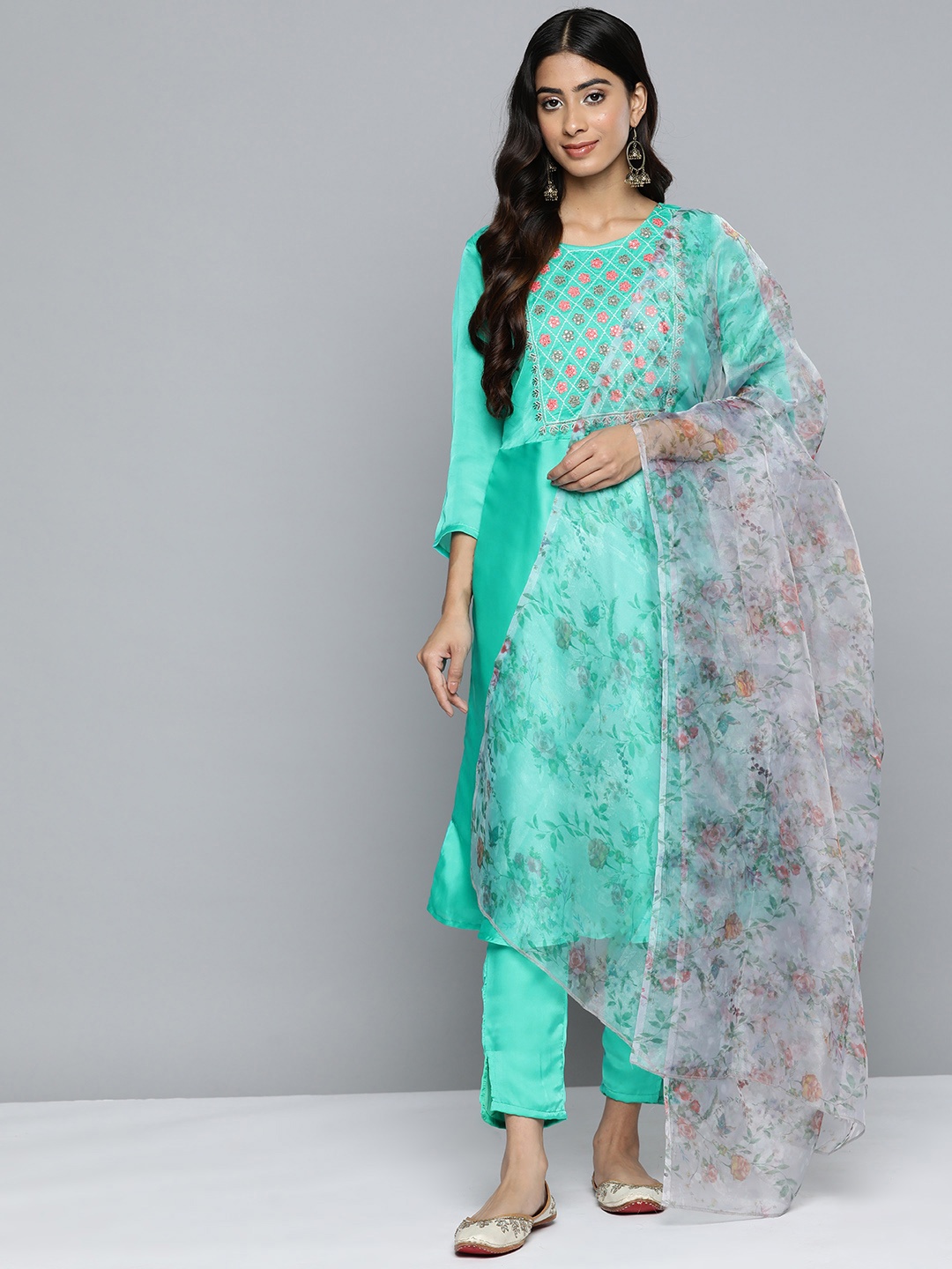 

Jompers Floral Embroidered Mirror Work Silk Georgette Kurta With Trousers & Dupatta, Blue