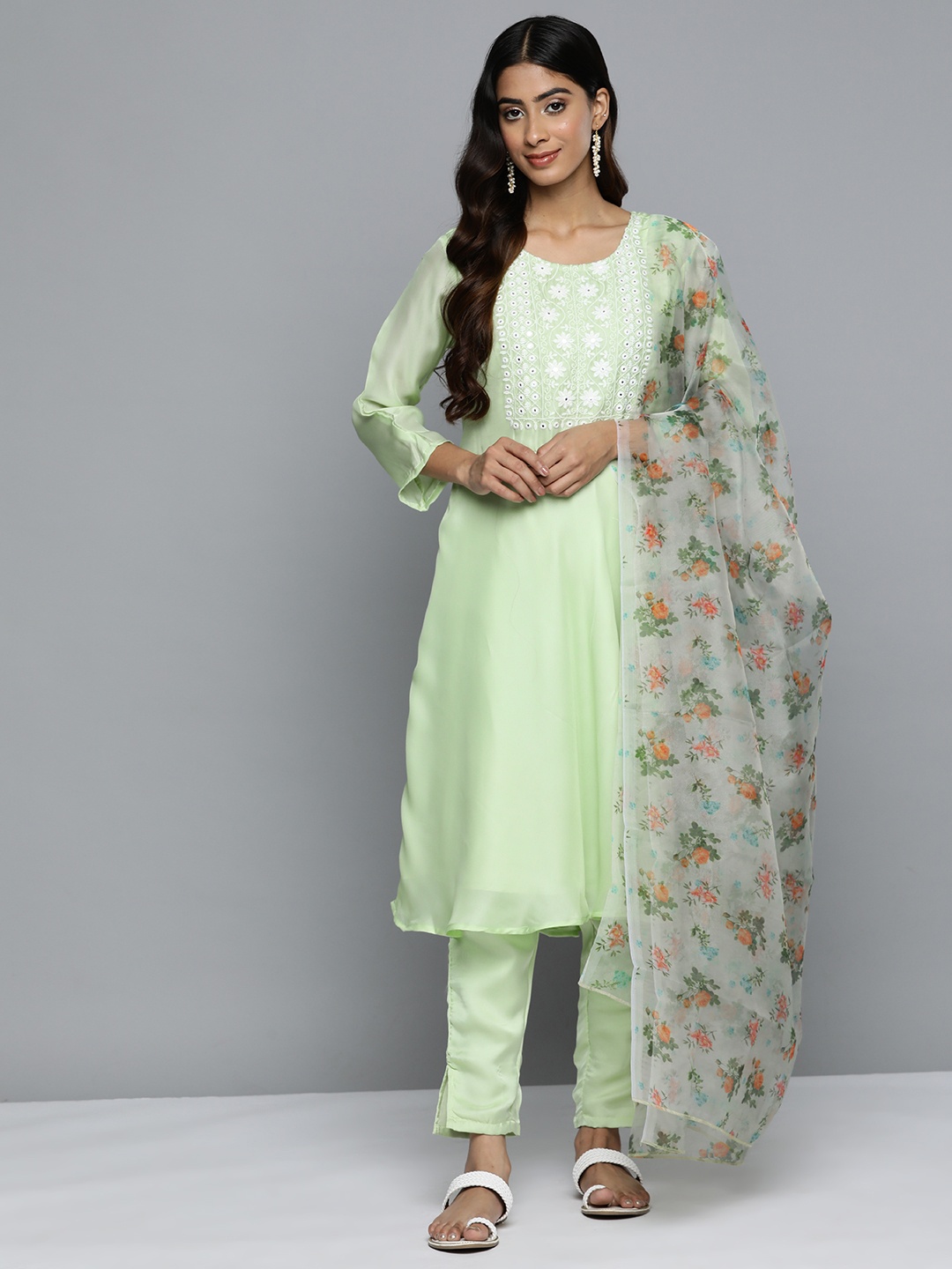 

Jompers Floral Embroidered Mirror Work Silk Georgette Kurta With Trousers & Dupatta, Lime green