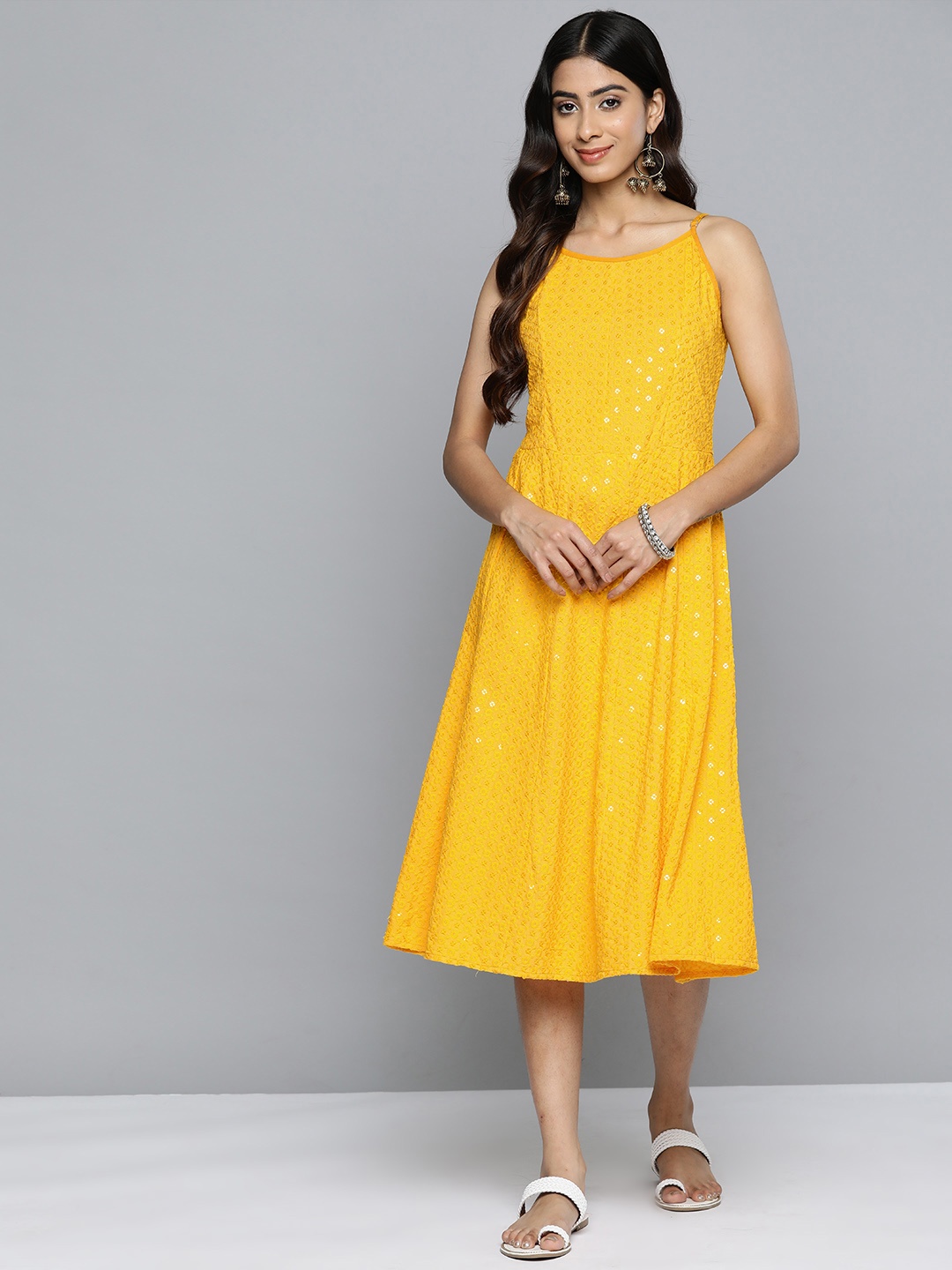 

Jompers Floral Embroidered A-Line Midi Dress, Yellow