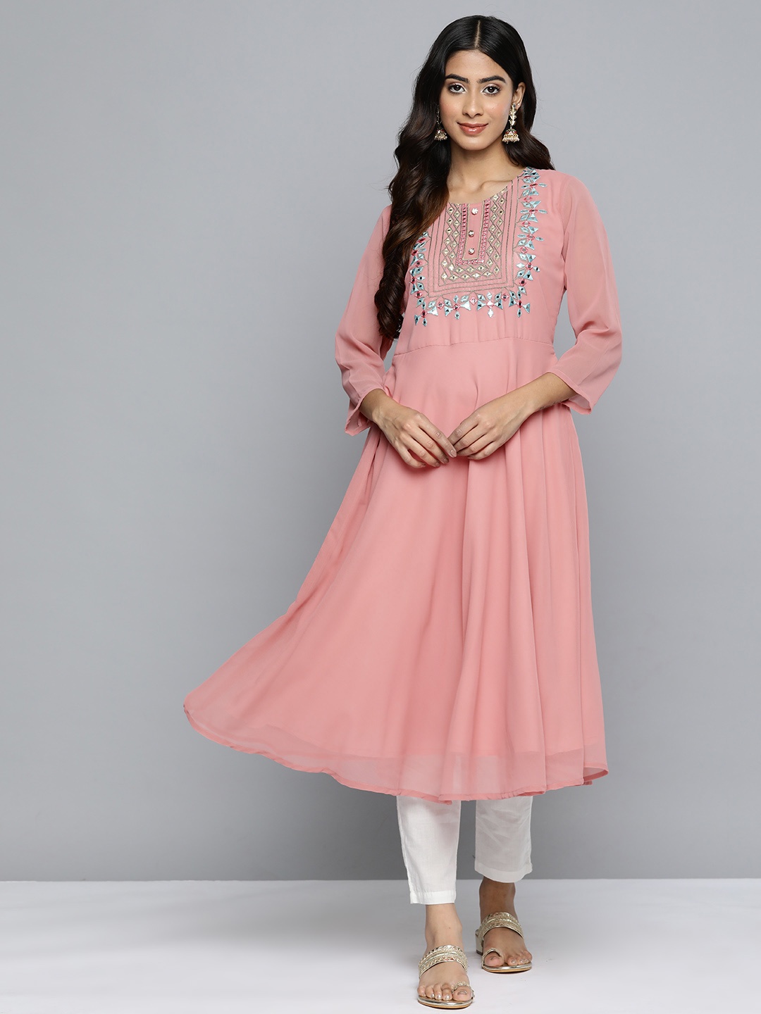 

Jompers Geometric Embroidered Mirror Work Pastel Georgette Anarkali Kurta, Pink