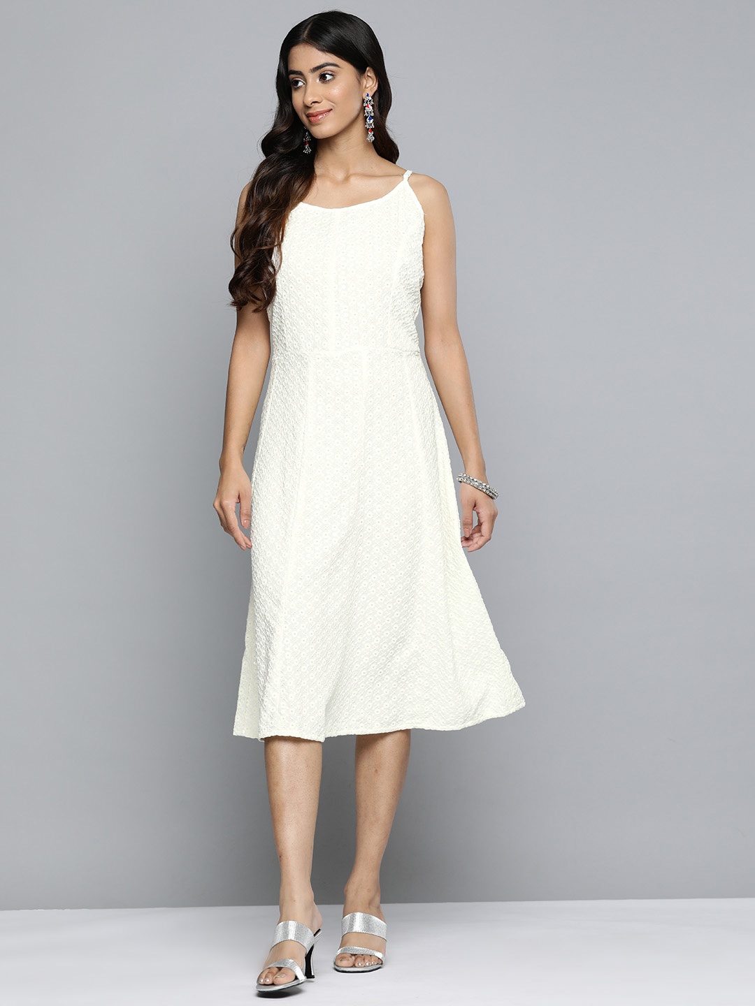 

Jompers Floral Embroidered A-Line Midi Dress, Off white