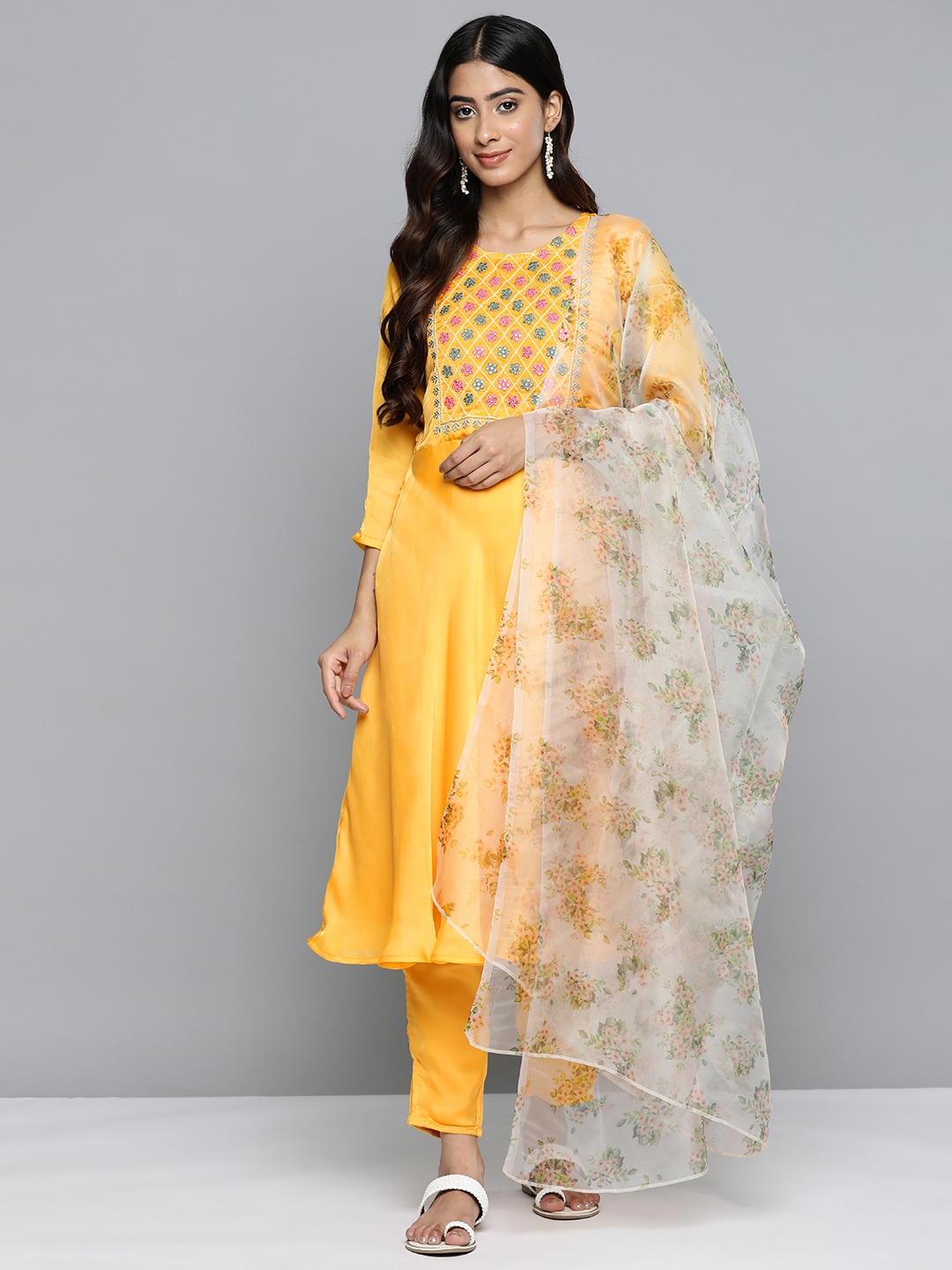 

Jompers Floral Embroidered Mirror Work Silk Georgette Kurta With Trousers & Dupatta, Yellow