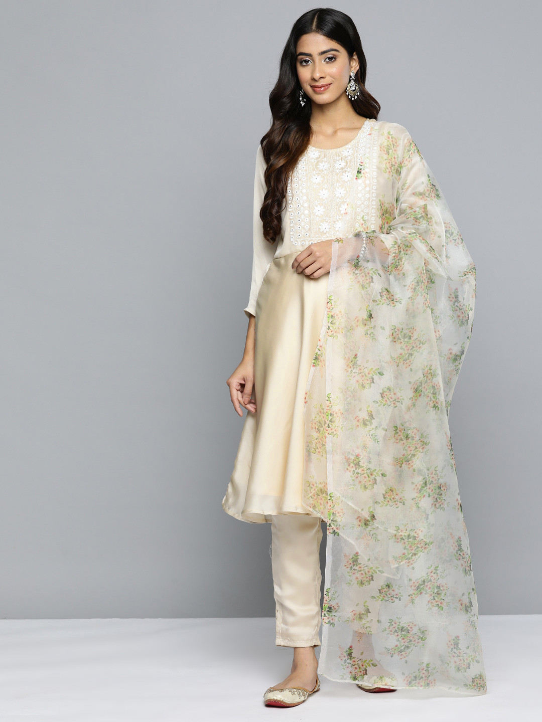 

Jompers Floral Embroidered Mirror Work Silk Georgette Kurta With Trousers & Dupatta, Beige