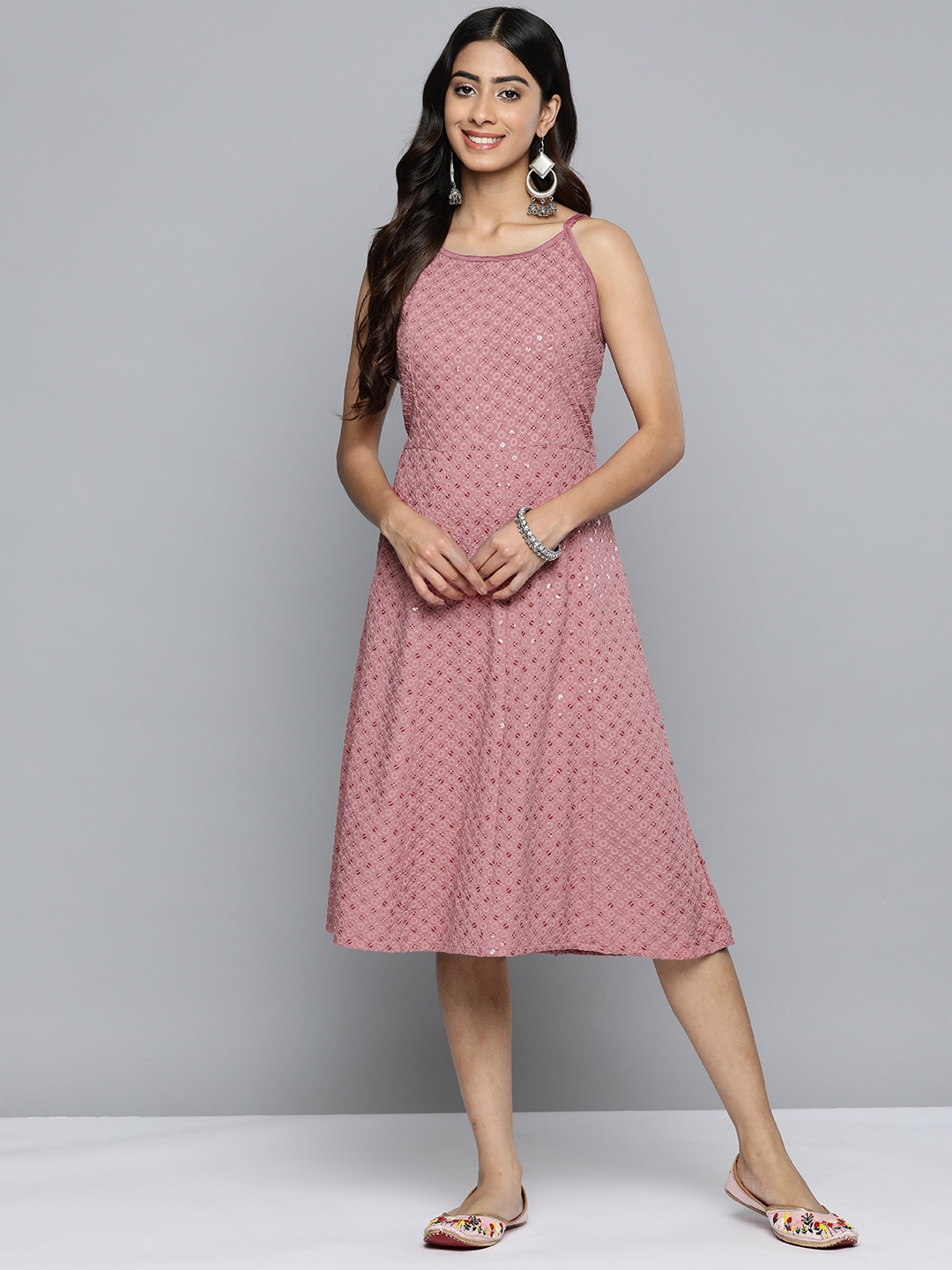 

Jompers Floral Embroidered A-Line Midi Dress, Mauve