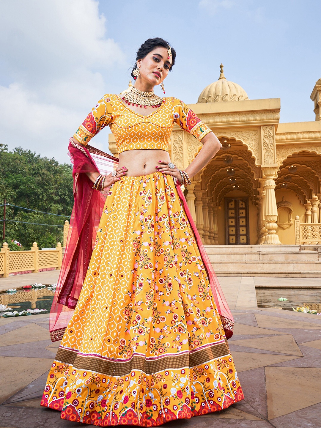 

LOOKNBOOK ART Floral Printed Semi-Stitched Lehenga & Unstitched Blouse With Dupatta, Mustard