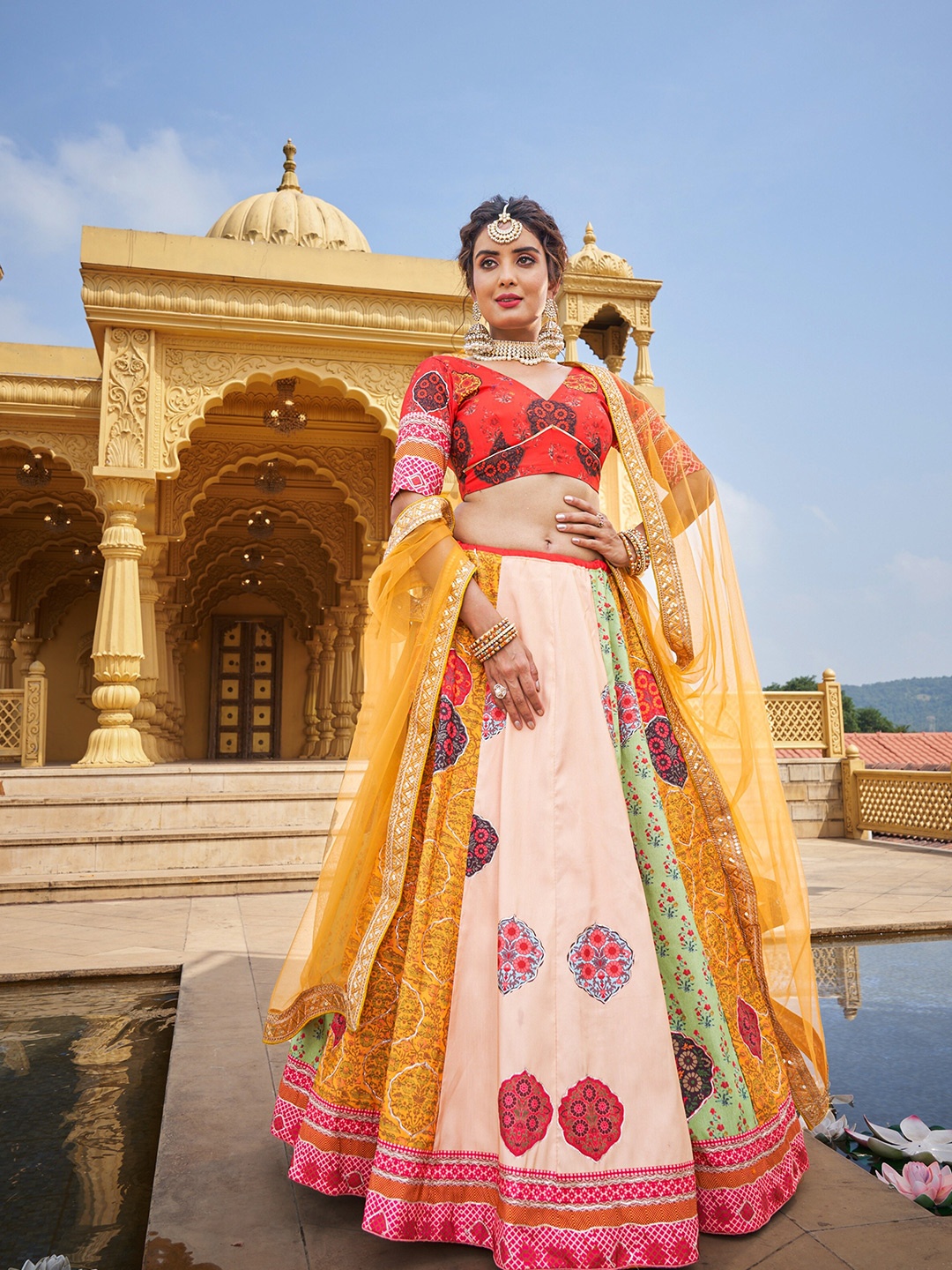 

LOOKNBOOK ART Vaishali Silk Printed Sequins Gota Patti Work Lehenga Choli, Red