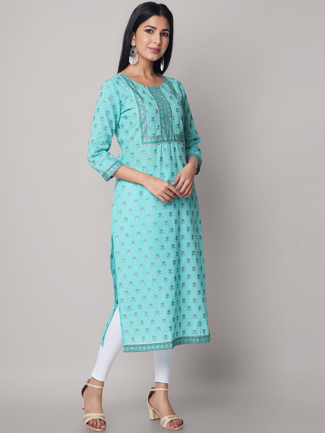 

God Bless Ethnic Motifs Printed Gotta Patti Straight Cotton Kurta, Sea green