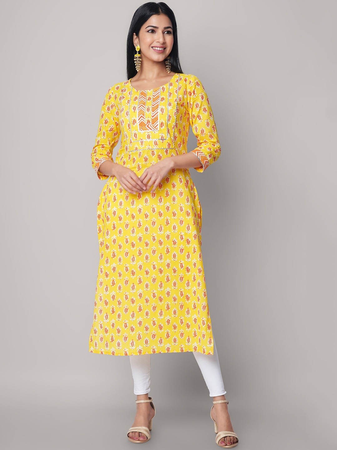 

God Bless Ethnic Motifs Printed Gotta Patti Straight Cotton Kurta, Yellow