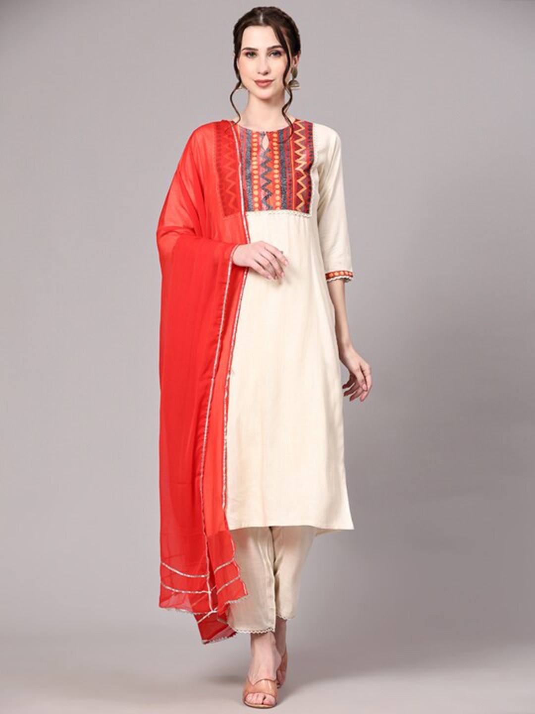 

V TRADITION Yoke Design Keyhole Neck Kurta With Trousers & Dupatta, Cream