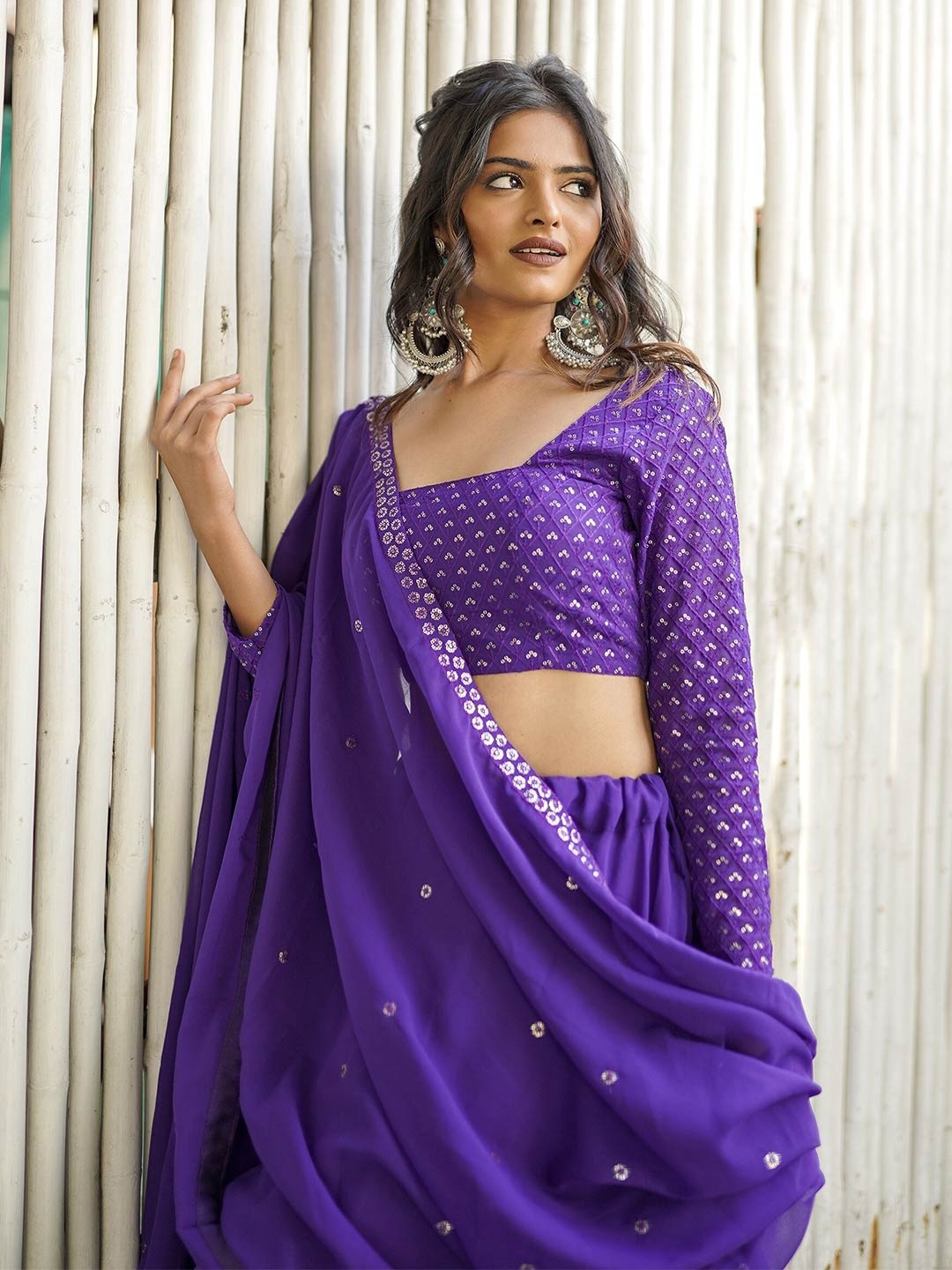 

LOOKNBOOK ART Embellished Sequinned Semi-Stitched Lehenga & Unstitched Blouse With Dupatta, Purple