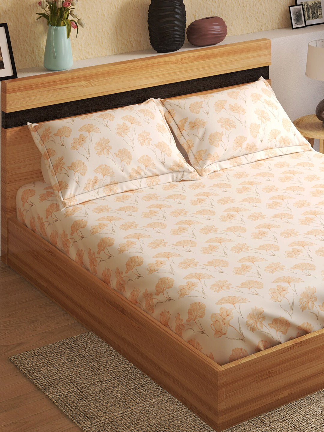 

Home Centre Coral Floral 144 TC Cotton Fitted King Bedsheet with 2 Pillow Covers