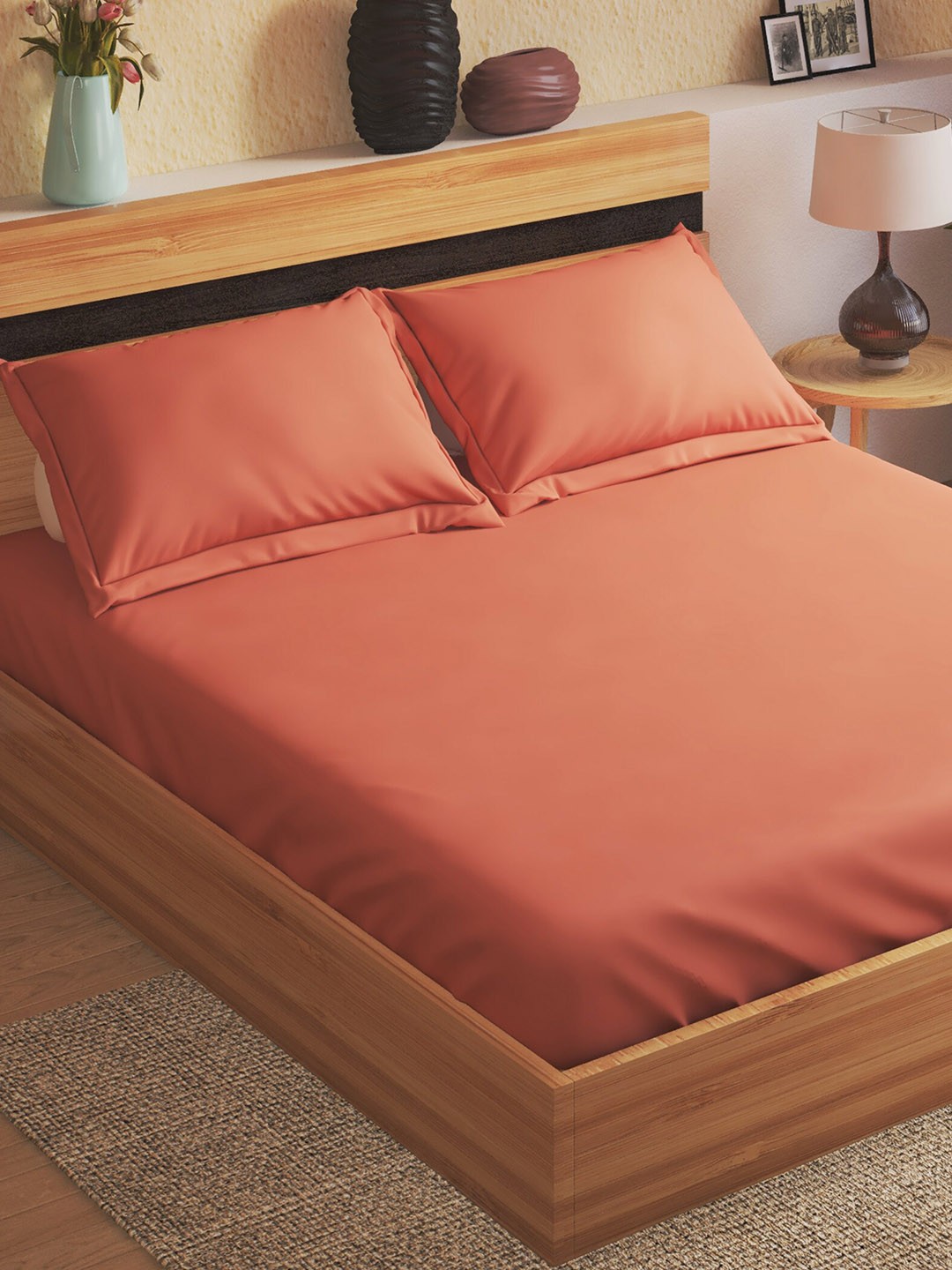 

Home Centre Pink 146 TC Fitted Cotton Queen Bedsheet with 2 Pillow Covers
