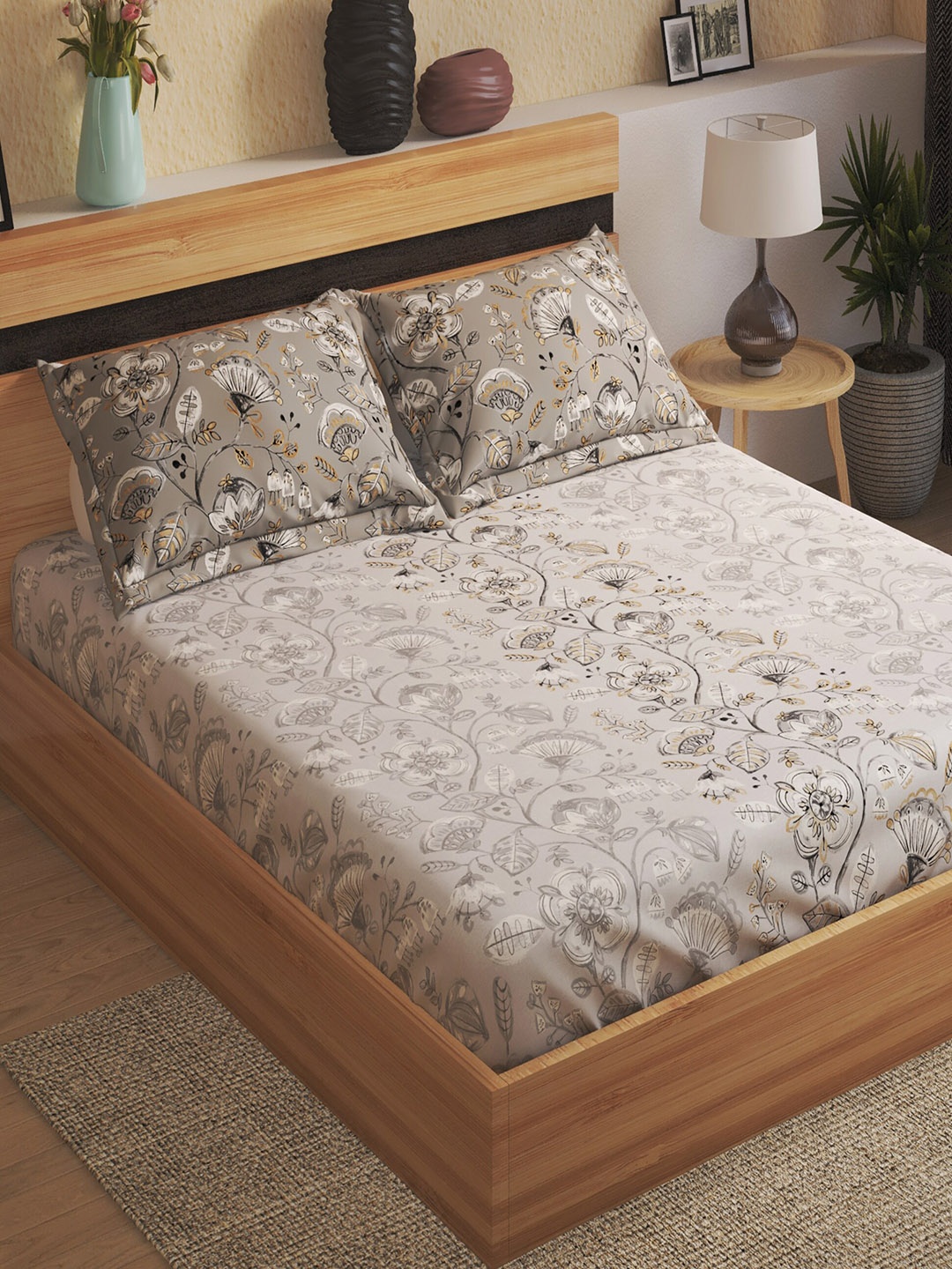 

Home Centre Grey Floral 144 TC Fitted Cotton Queen Bedsheet with 2 Pillow Covers