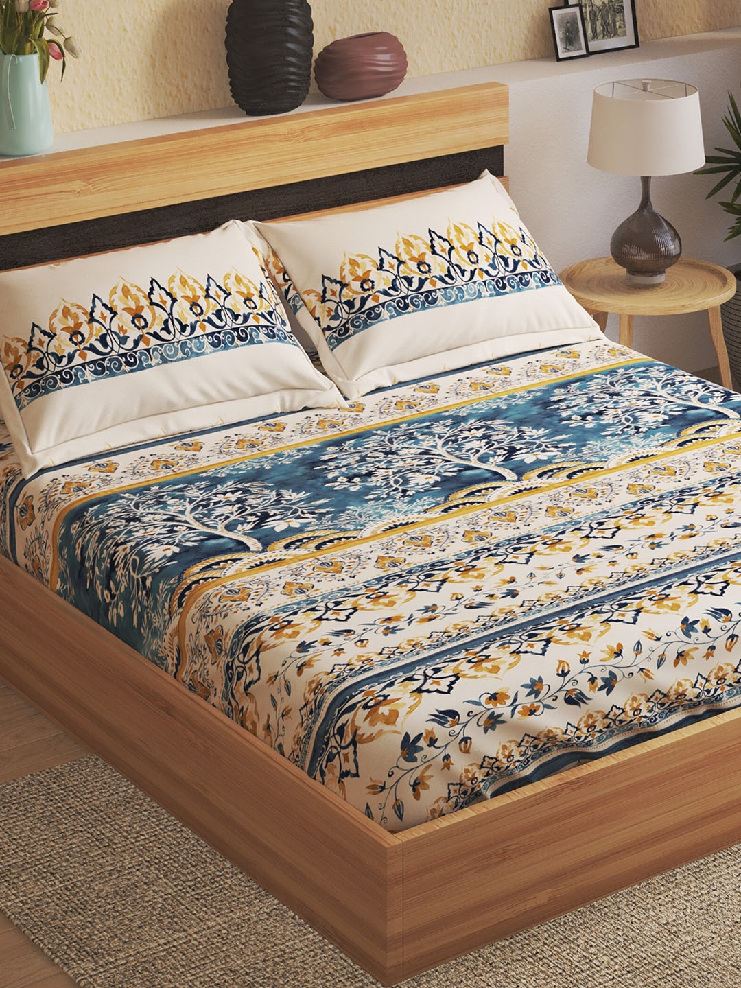 

Home Centre Beige & Blue Floral 144 TC Fitted Cotton King Bedsheet with 2 Pillow Covers