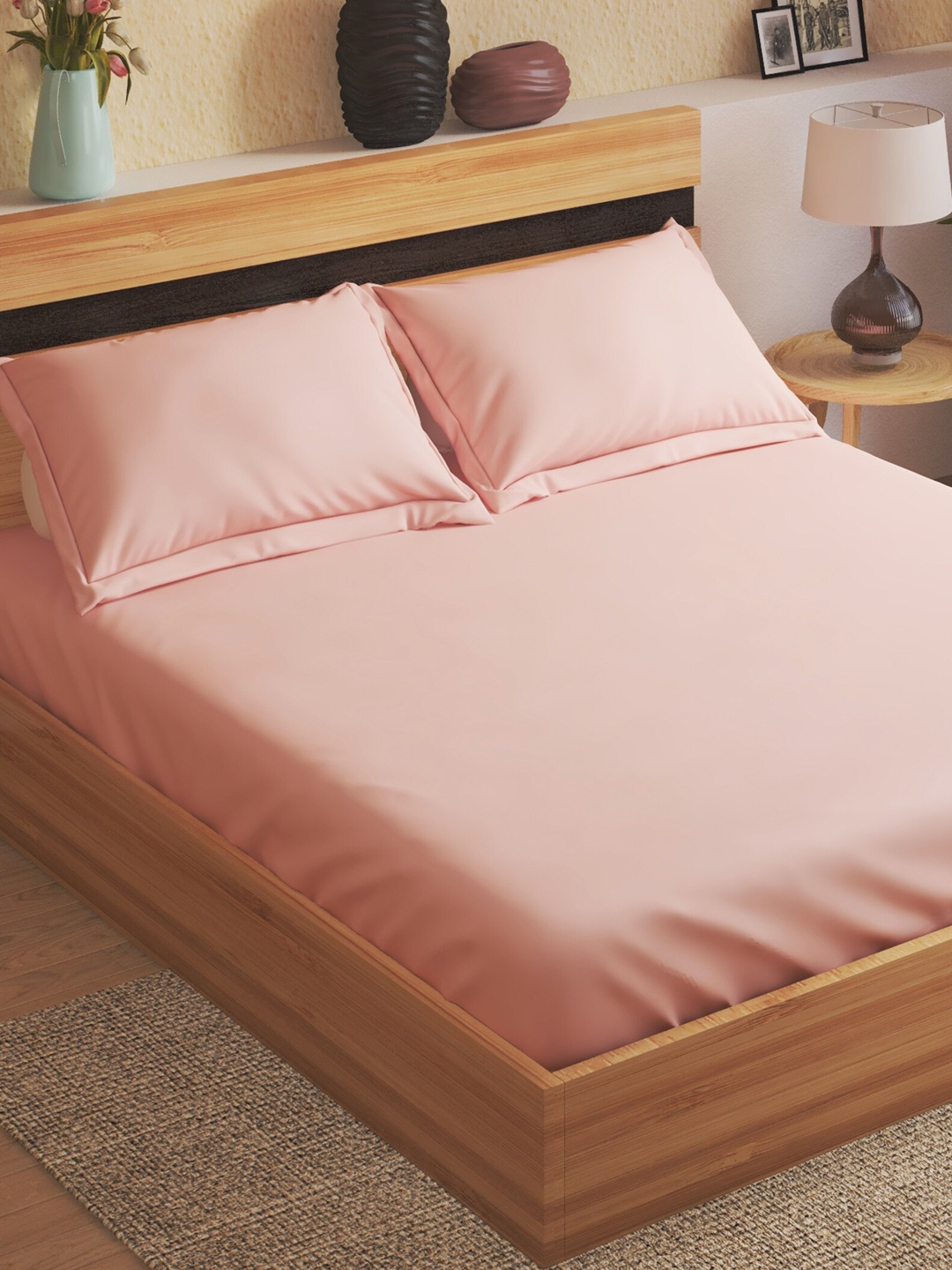 

Home Centre Pink 146 TC Fitted Cotton Queen Bedsheet with 2 Pillow Covers