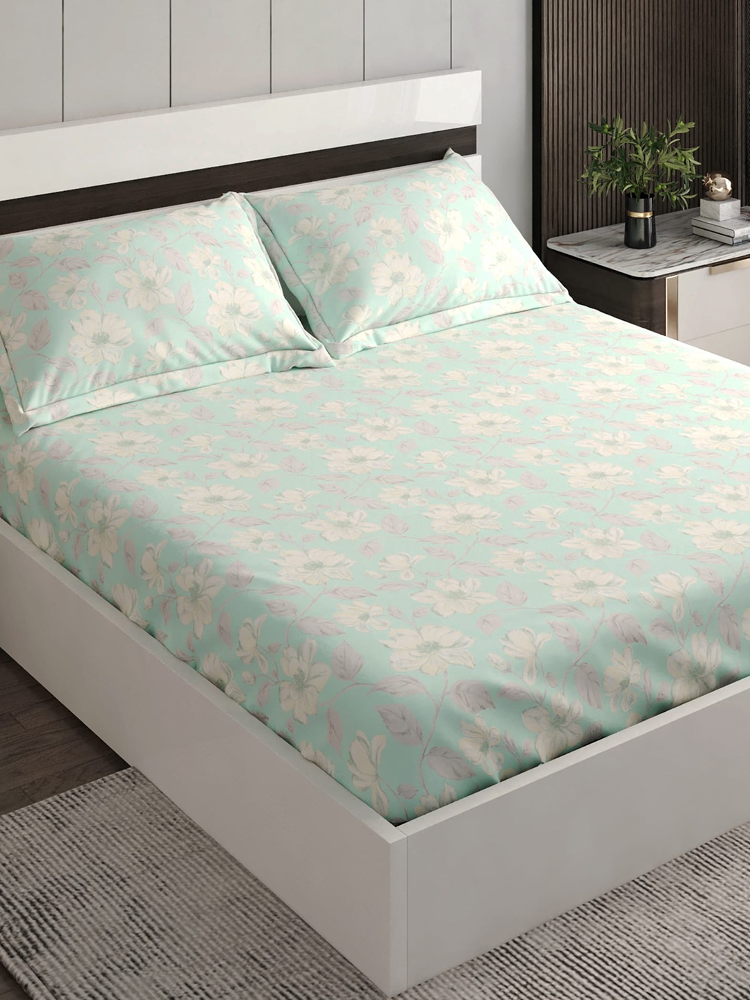 

Home Centre Teal Floral 144 TC Fitted Cotton King Bedsheet with 2 Pillow Covers