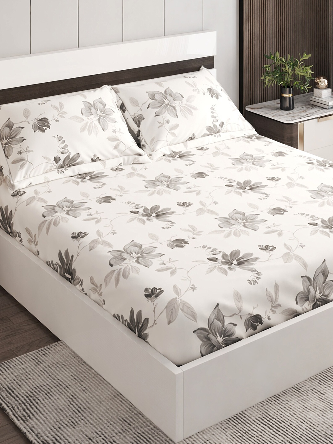 

Home Centre Grey Floral Fitted Cotton 144 TC King Bedsheet With 2 Pillow Covers