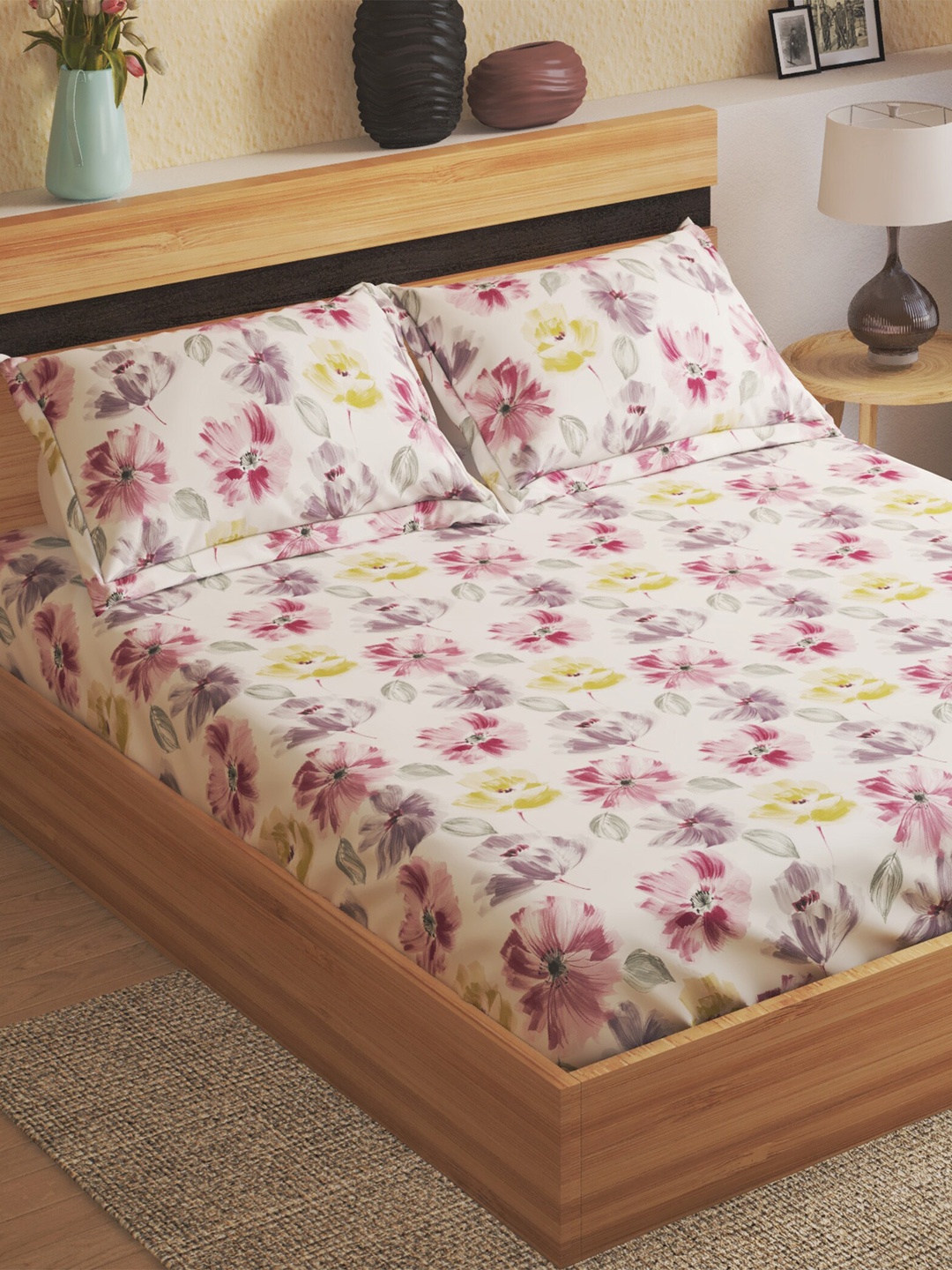 

Home Centre Purple Floral 144 TC Fitted Cotton King Bedsheet with 2 Pillow Covers