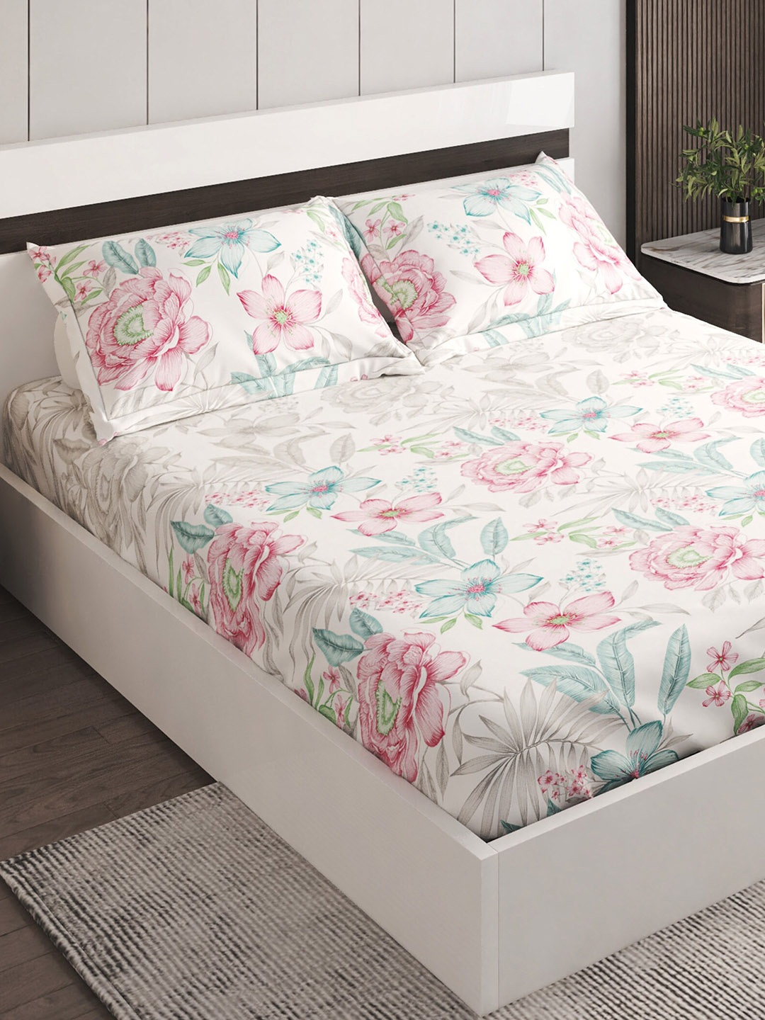 

Home Centre White & Pink Floral 144 TC Fitted Cotton Queen Bedsheet with 2 Pillow Covers