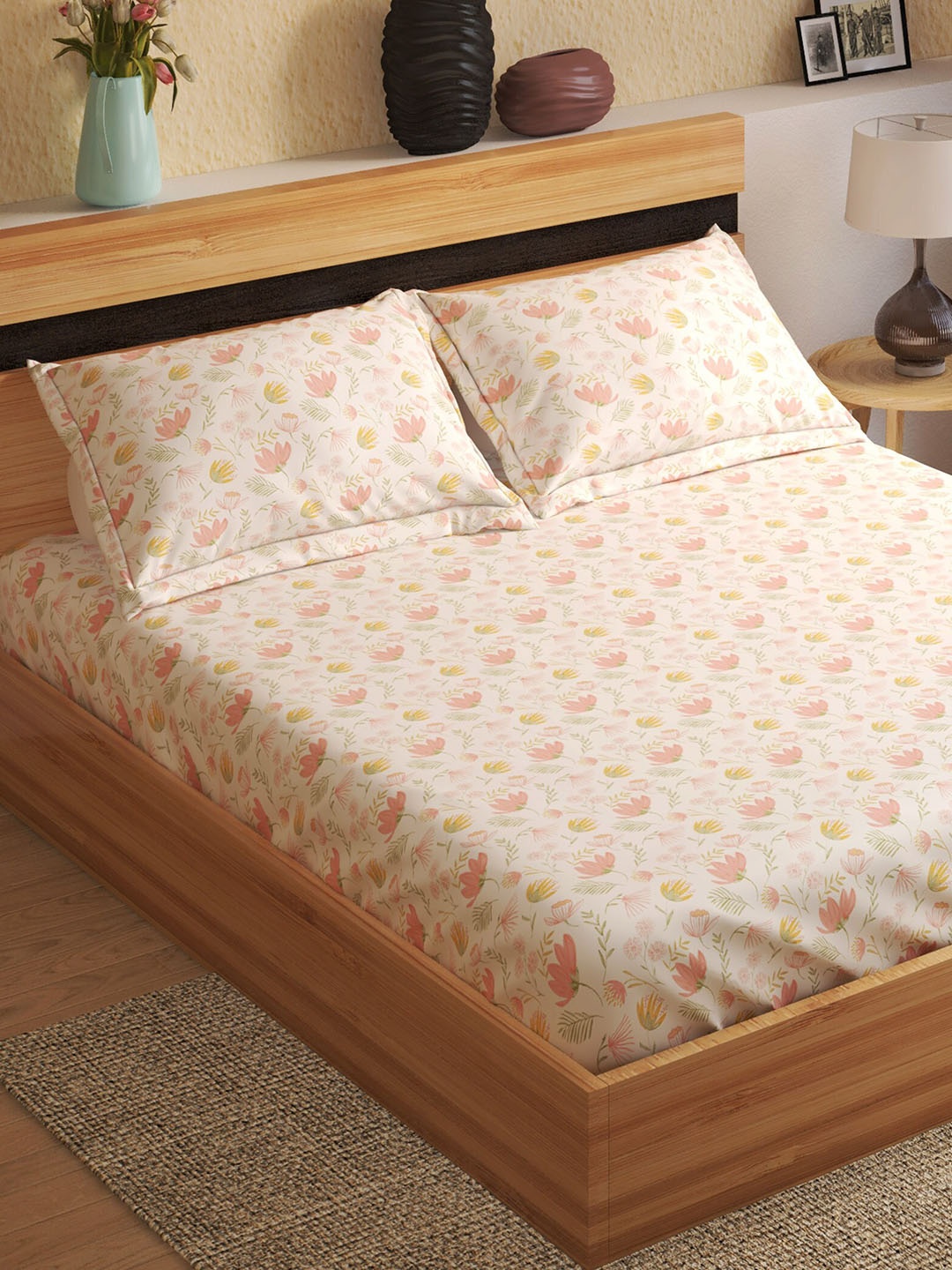 

Home Centre Peach & Yellow Floral 144 TC Fitted Cotton King Bedsheet with 2 Pillow Covers