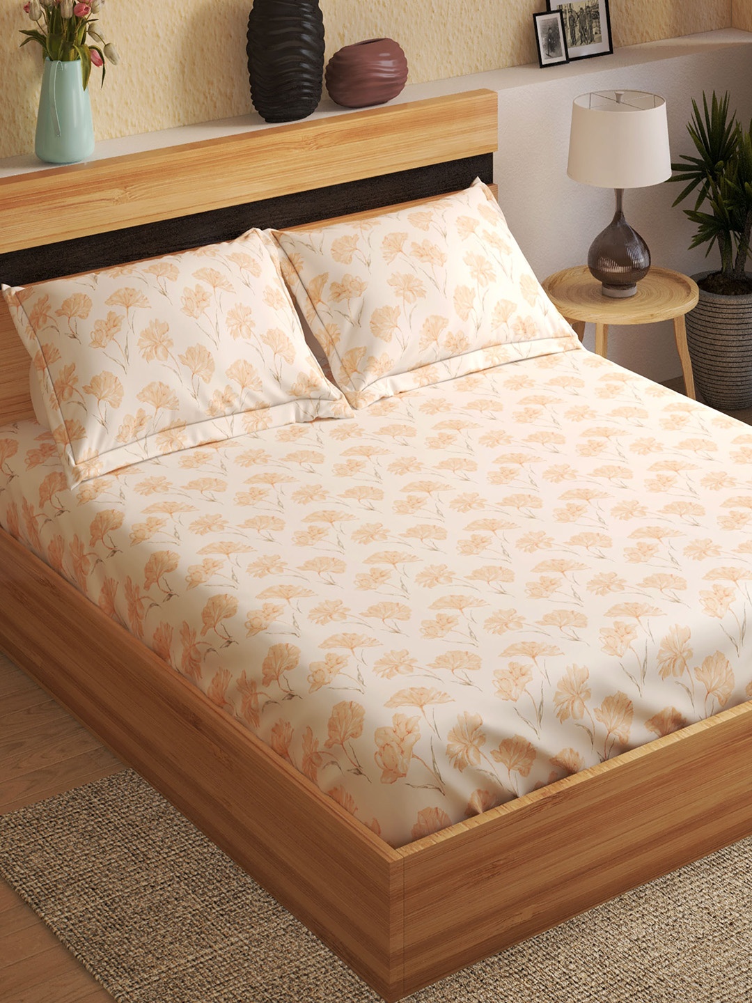 

Home Centre Coral Floral 144 TC Fitted Cotton Queen Bedsheet with 2 Pillow Covers