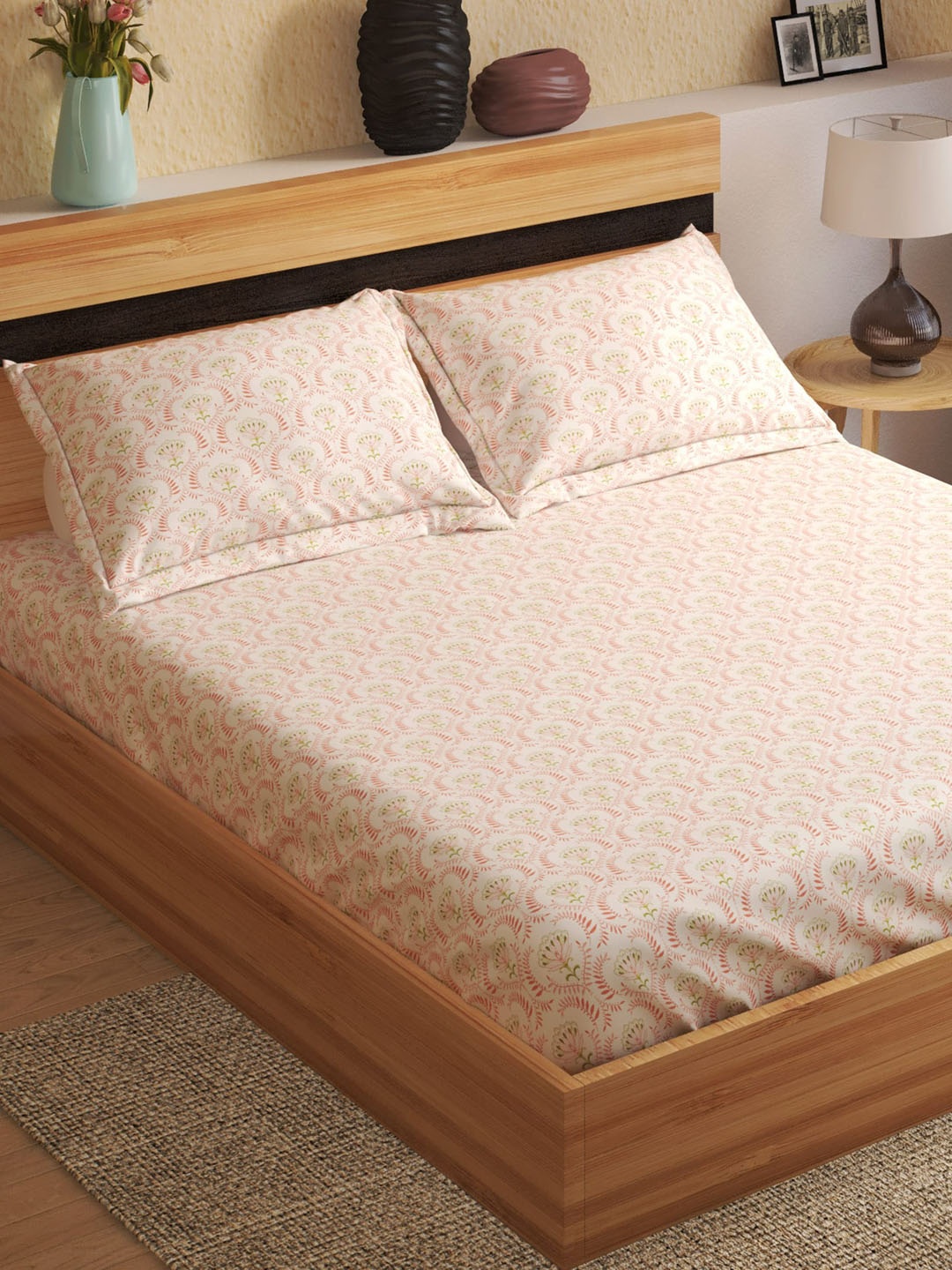 

Home Centre Peach Ethnic Motifs 144 TC Fitted Cotton King Bedsheet with 2 Pillow Covers