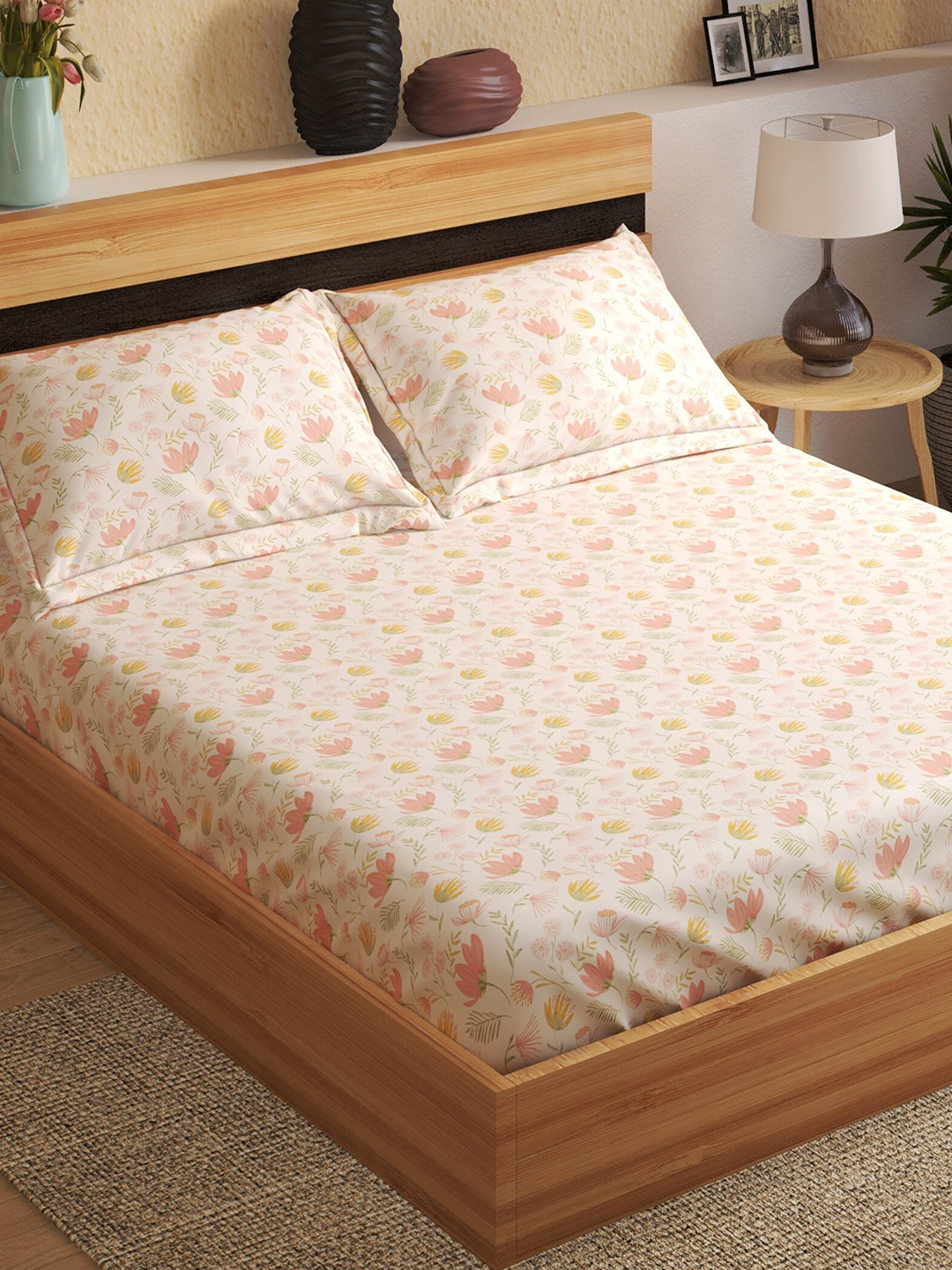 

Home Centre Pink & White Floral 144 TC Fitted Cotton Queen Bedsheet with 2 Pillow Covers