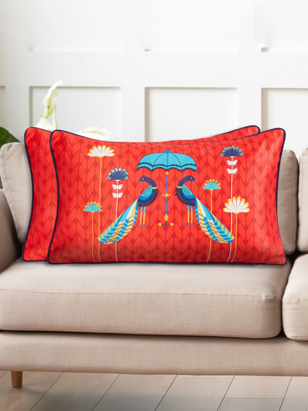

Home Centre Aurora Orange-Coloured & Blue 2-Pieces Printed & Embroidered Cushion Covers