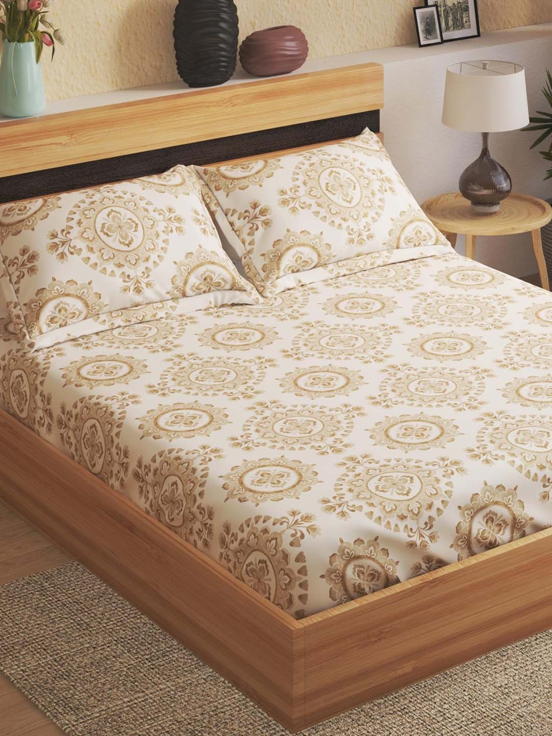 

Home Centre Beige Ethnic Motifs 144 TC Fitted Cotton King Bedsheet with 2 Pillow Covers