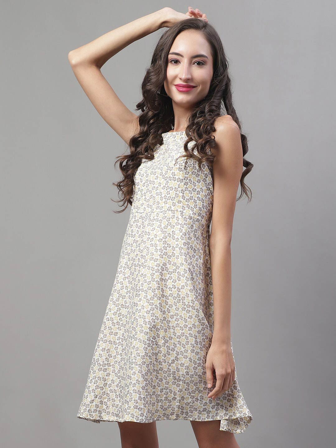 

JAINISH Off White Floral Print Crepe A-Line Dress