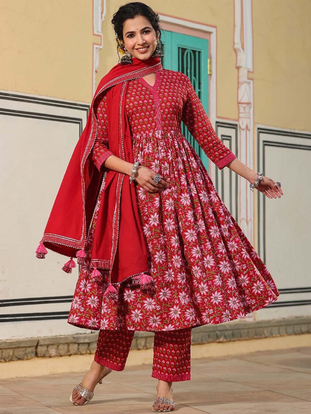 

EverBloom Floral Printed Anarkali Pure Cotton Kurta with Trousers & Dupatta, Red