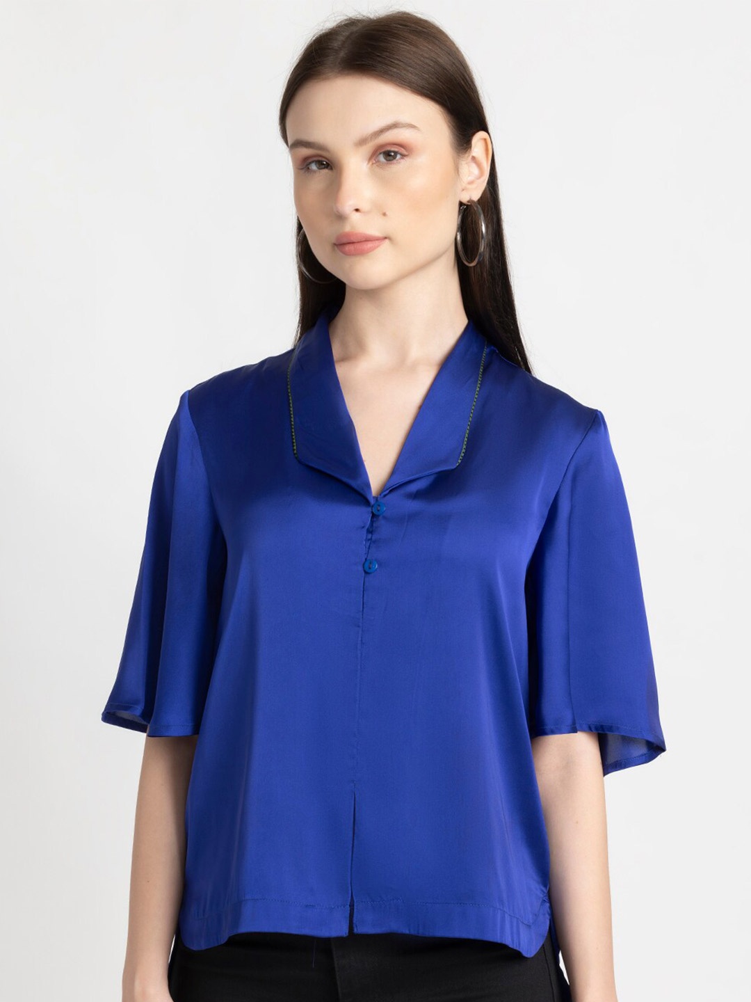 

SHAYE Shirt Collar Flared Sleeves Shirt Style Top, Blue