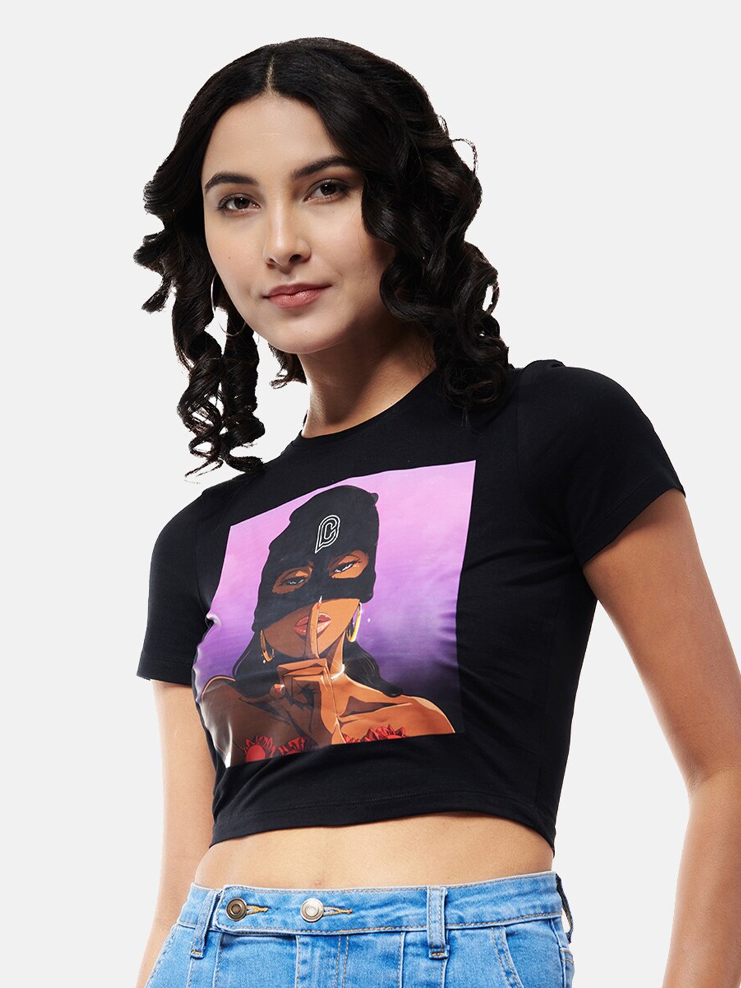 

IZF Graphic Printed Cotton Crop Top, Black