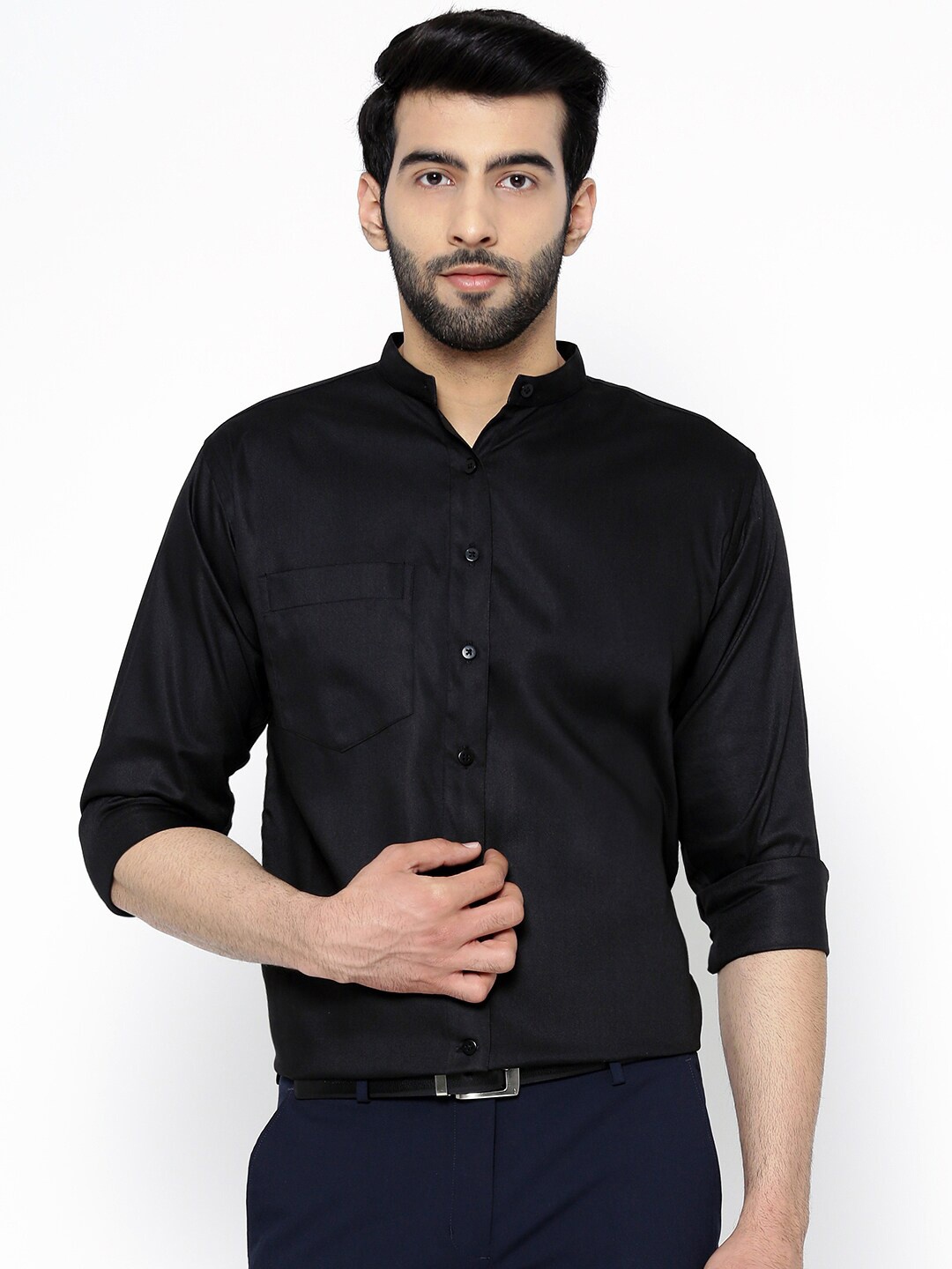 

Shaftesbury London Mandarin Collar Classic Slim Fit Cotton Formal Shirt, Black