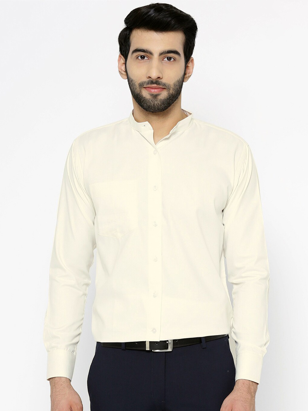 

Shaftesbury London Mandarin Collar Classic Slim Fit Cotton Formal Shirt, Cream