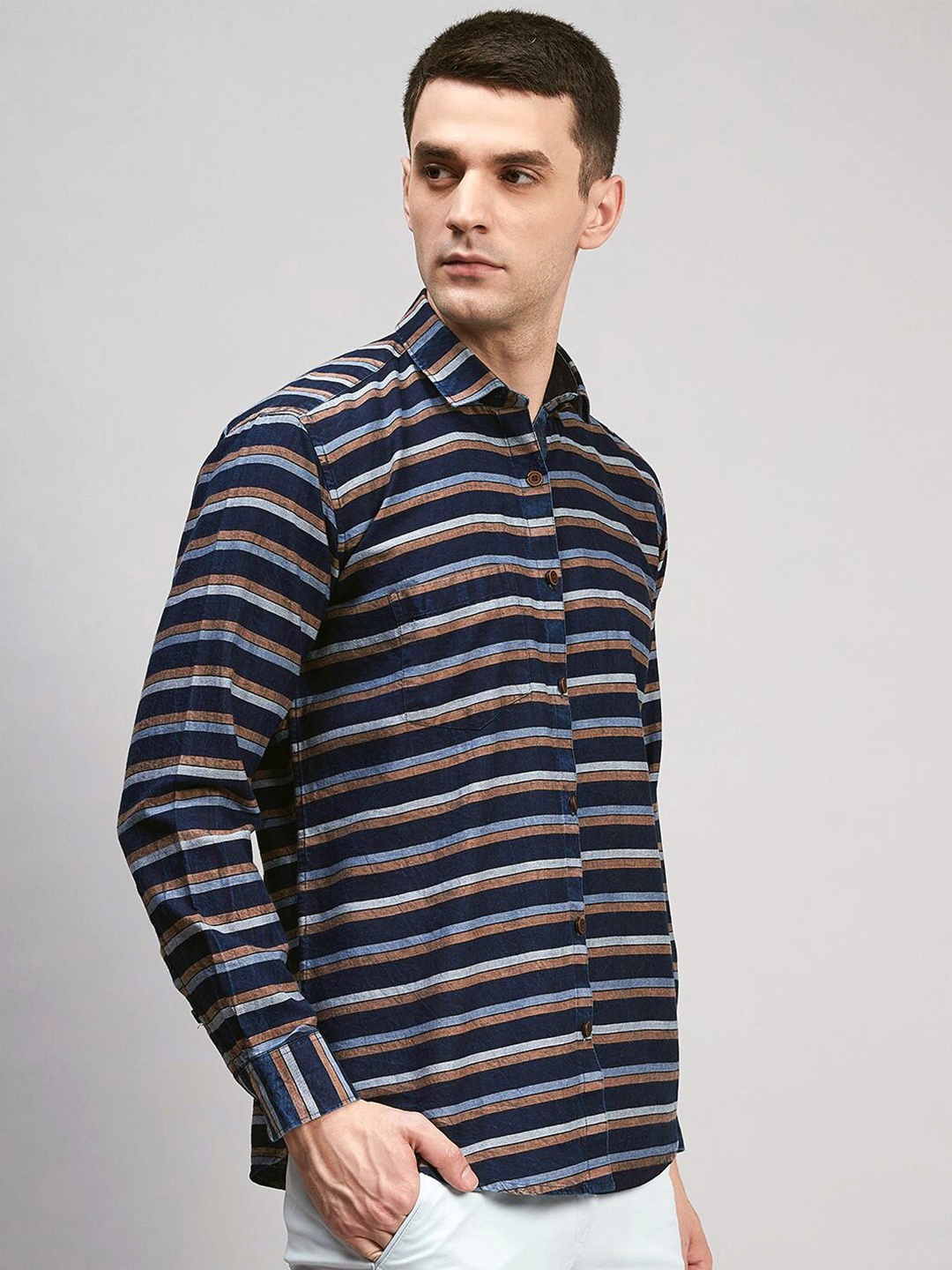 

Shaftesbury London Horizontal Striped Classic Slim Fit Cotton Shirt, Navy blue