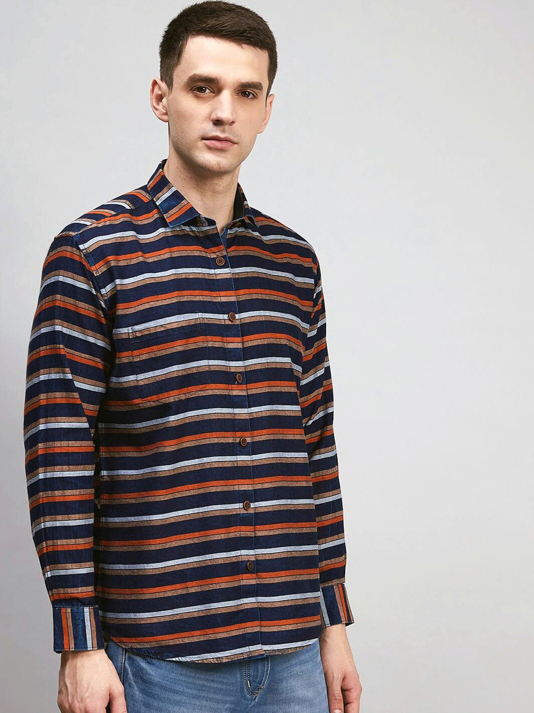 

Shaftesbury London Horizontal Striped Classic Slim Fit Cotton Shirt, Navy blue