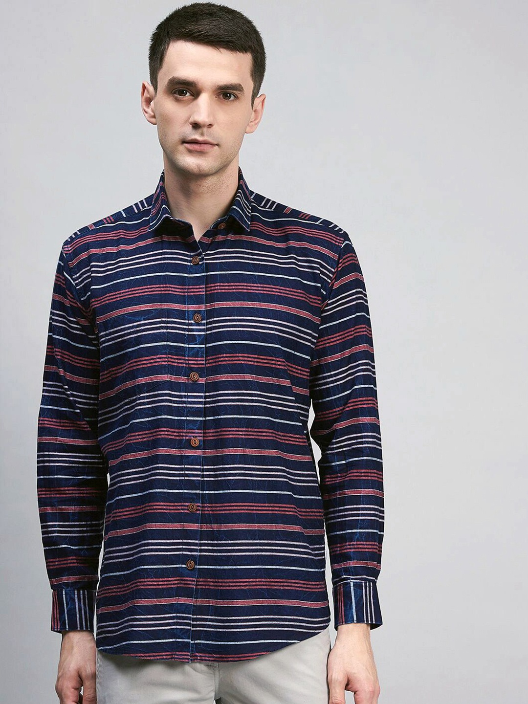 

Shaftesbury London Horizontal Striped Classic Slim Fit Cotton Shirt, Navy blue