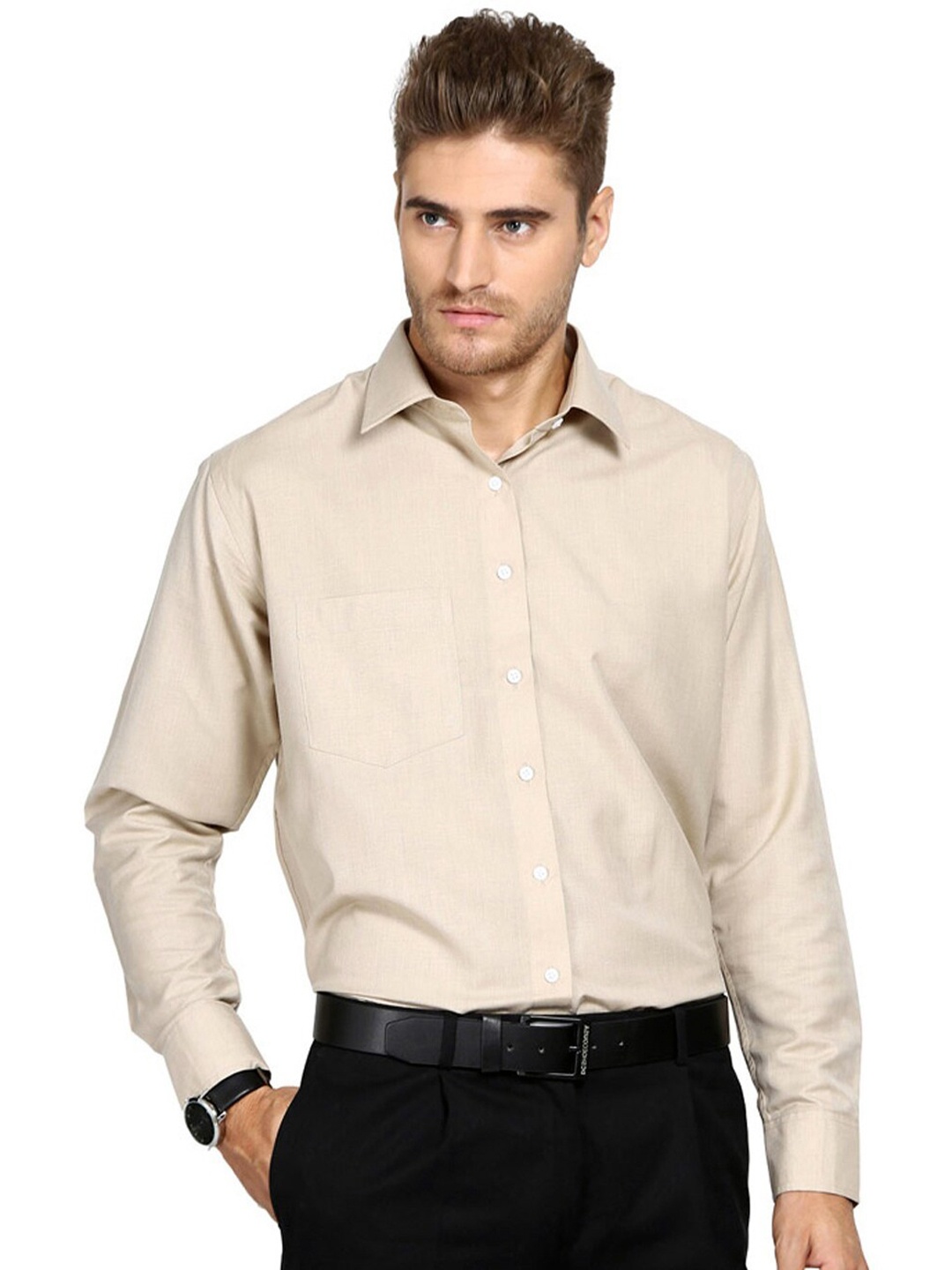

Shaftesbury London Classic Spread Collar Slim Fit Cotton Formal Shirt, Beige