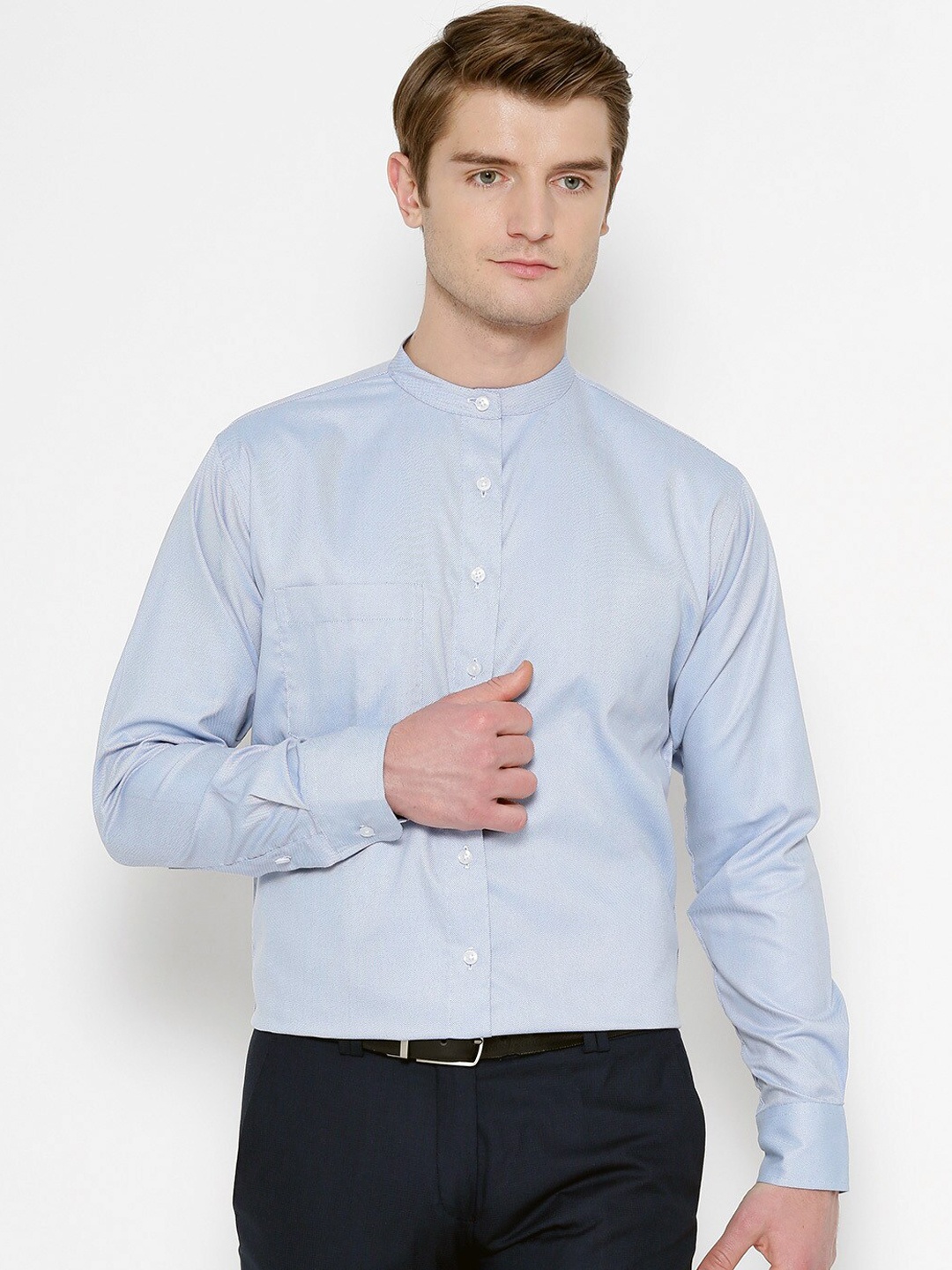 

Shaftesbury London Band Collar Classic Slim Fit Cotton Formal Shirt, Blue