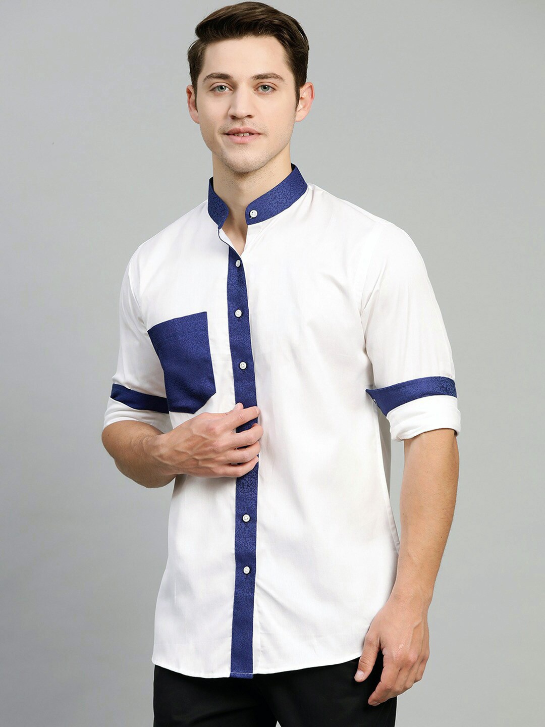 

Shaftesbury London Band Collar Classic Slim Fit Cotton Casual Shirt, White