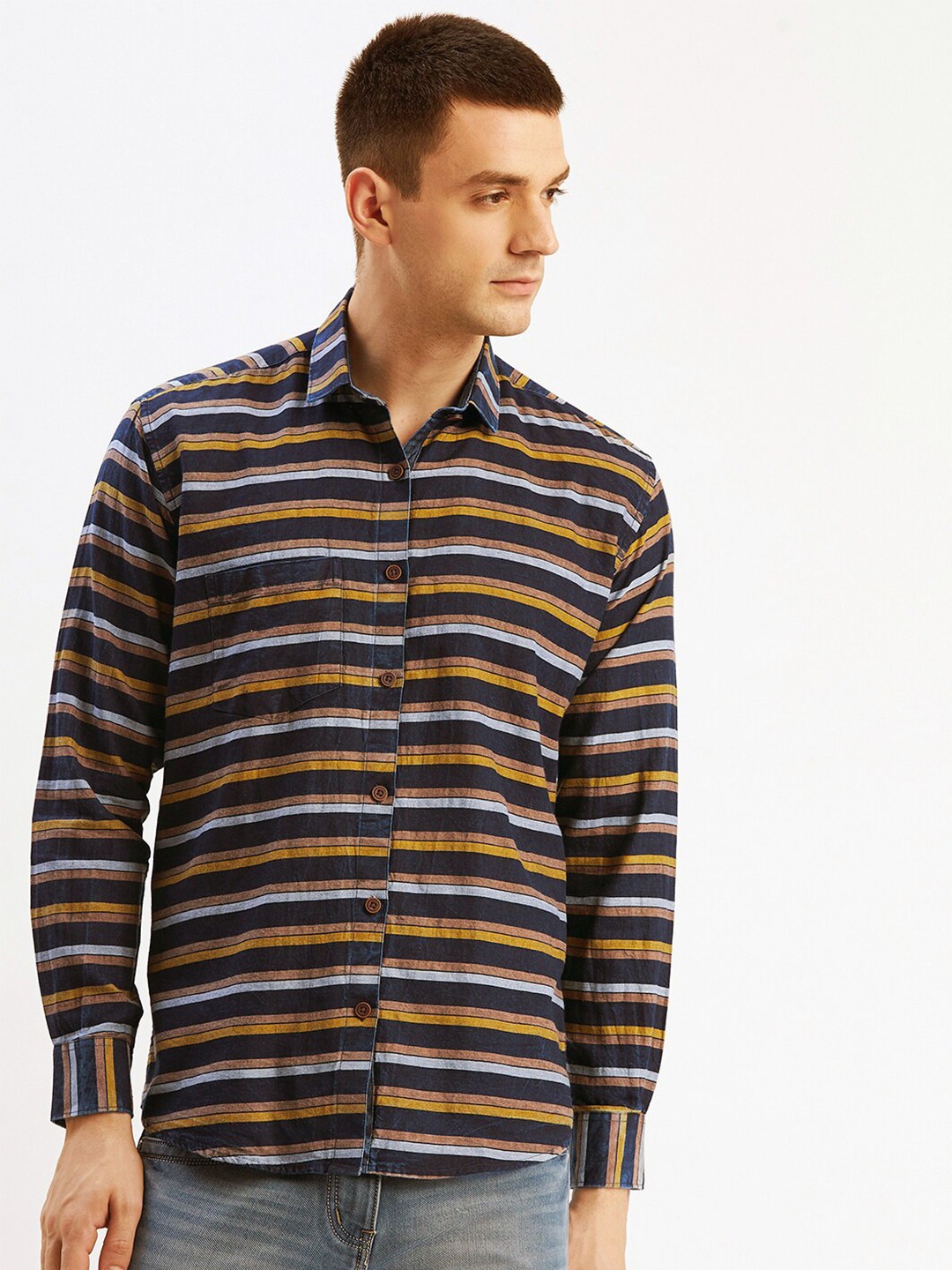 

Shaftesbury London Horizontal Striped Classic Slim Fit Cotton Casual Shirt, Grey