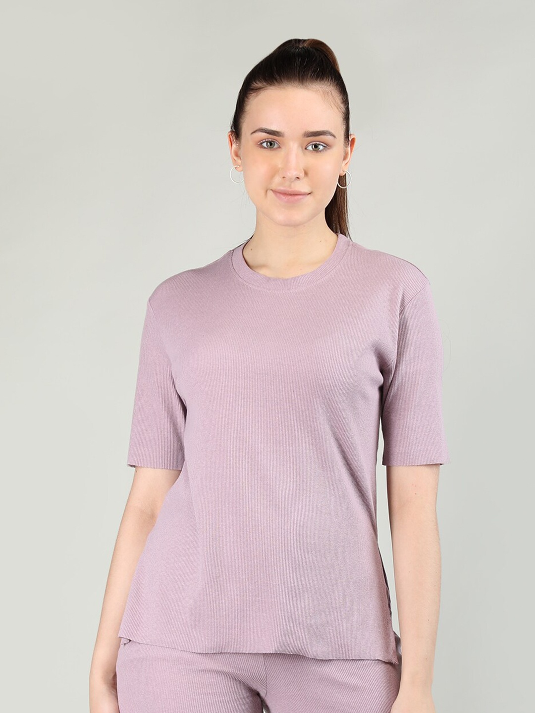 

CHKOKKO Round Neck Cotton T-shirt, Mauve