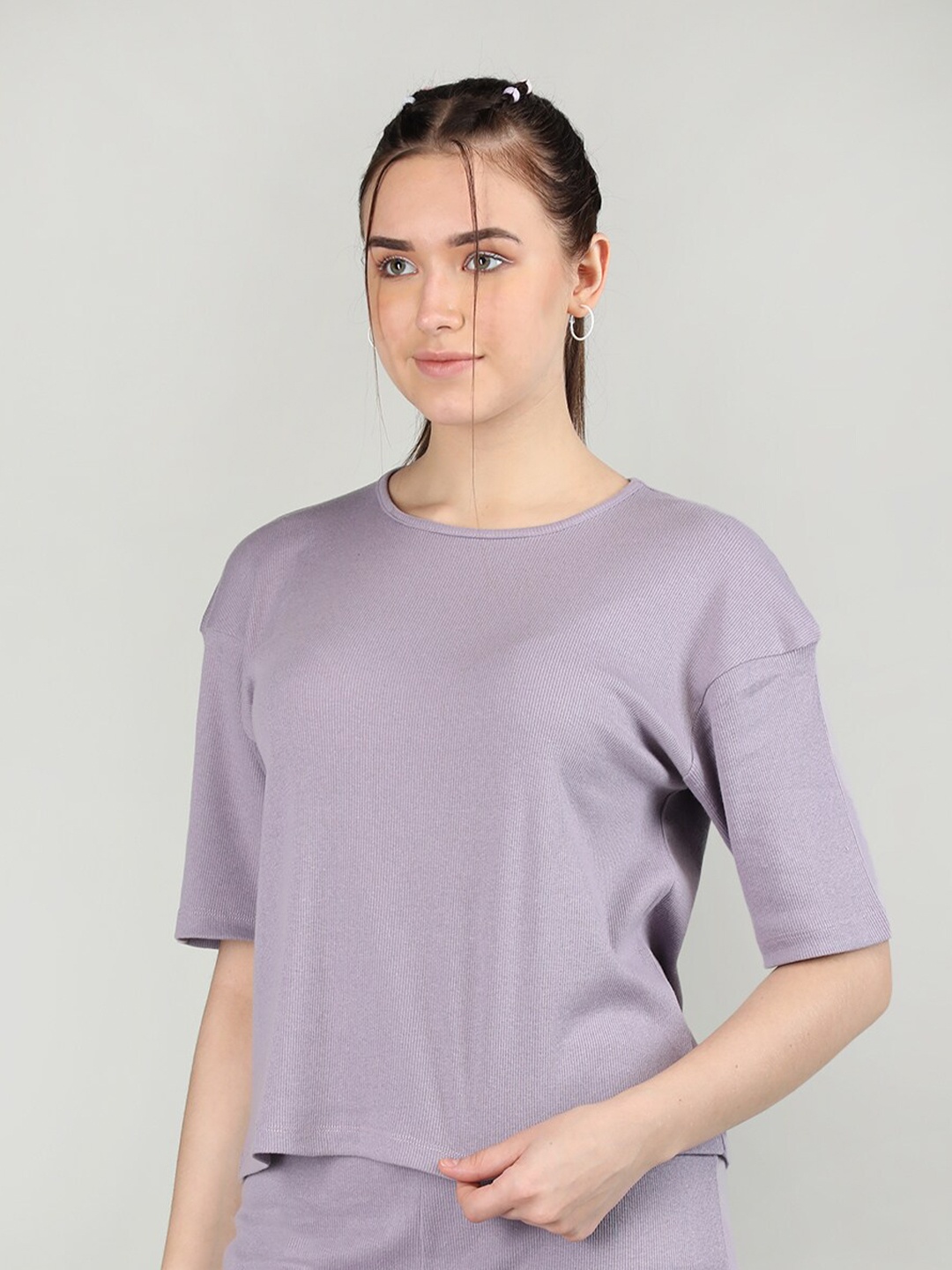 

CHKOKKO Round Neck Drop-Shoulder Sleeves Cotton T-shirt, Purple