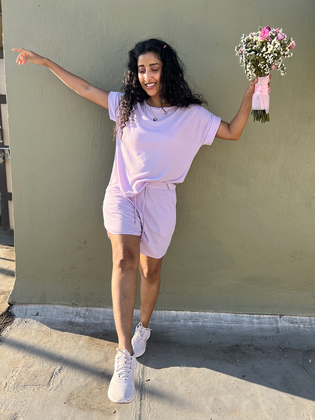 

CHKOKKO Round Neck Short Sleeves Track Suit, Pink