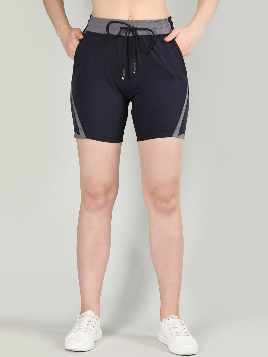 

CHKOKKO Women Mid Rise Knitted Training & Gym Sports Shorts, Navy blue