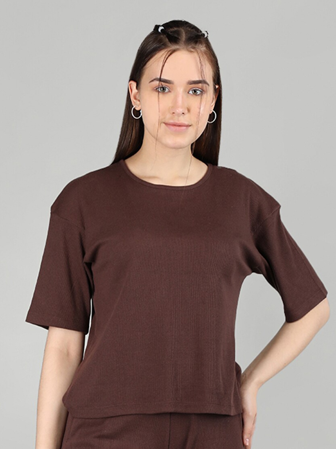

CHKOKKO Round Neck Cotton Top, Brown