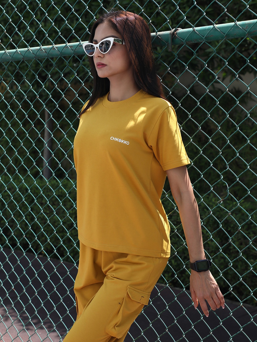 CHKOKKO Round Neck Cotton Oversized T-shirt, Mustard